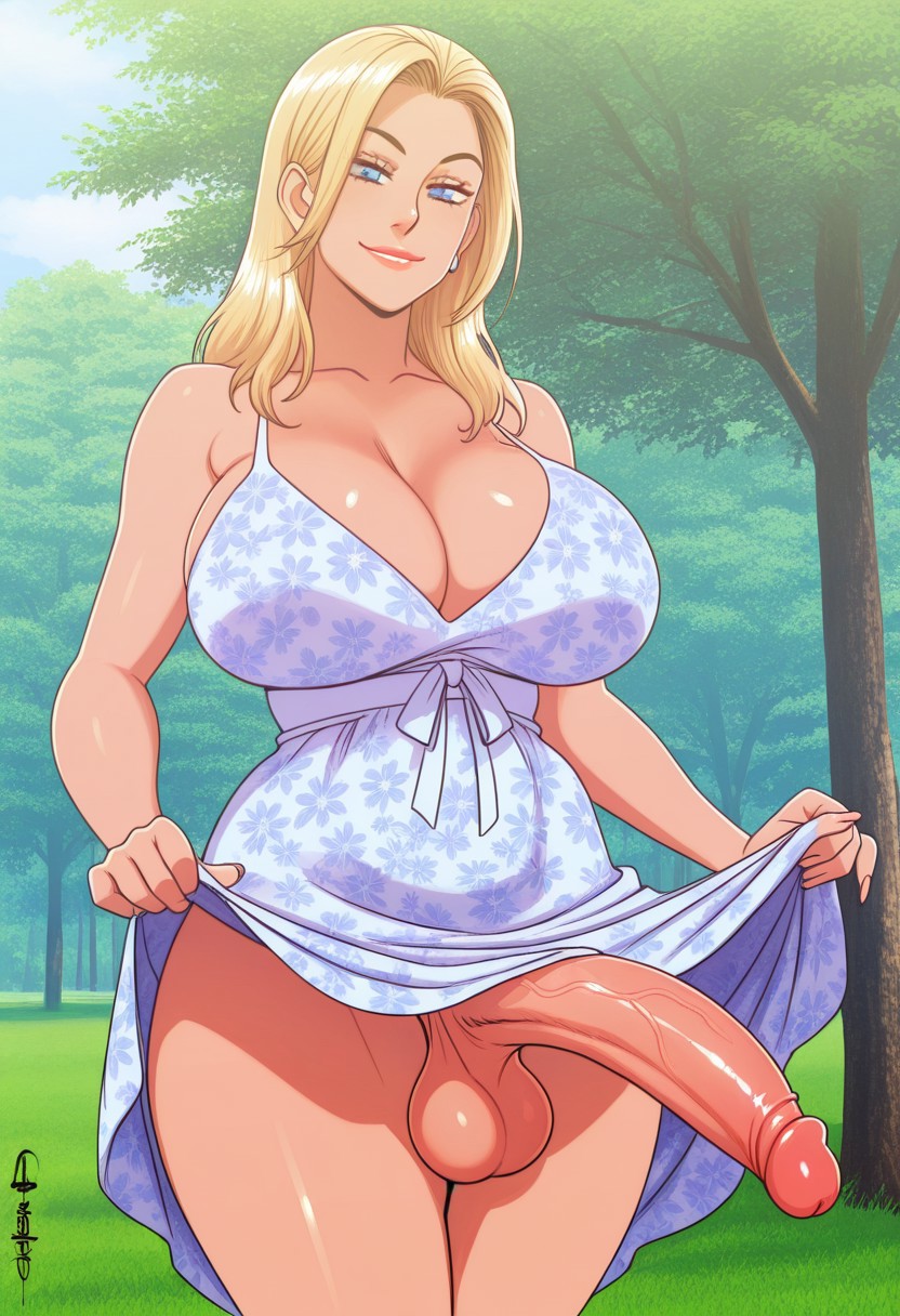 1futa, 2d, ai generated, balls, blondshell, breasts, civitai, futa only, futanari, human, intersex, large breasts, light skin, light-skinned futa, solo, testicles