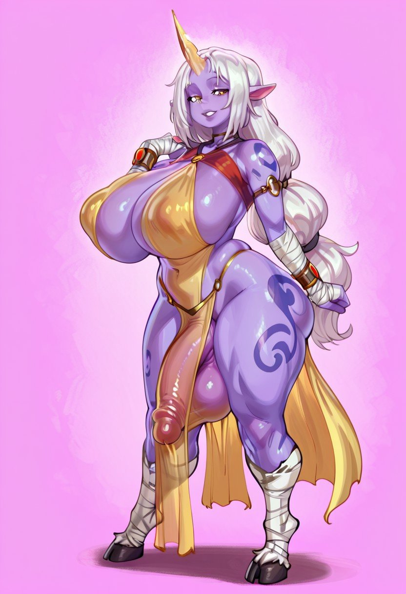2d, ai generated, ass, breasts, futa only, futanari, gravure soraka, harem outfit, huge ass, huge breasts, intersex, large penis, league of legends, massive breasts, penis, penis under clothes, smile, soraka, standing, tagme