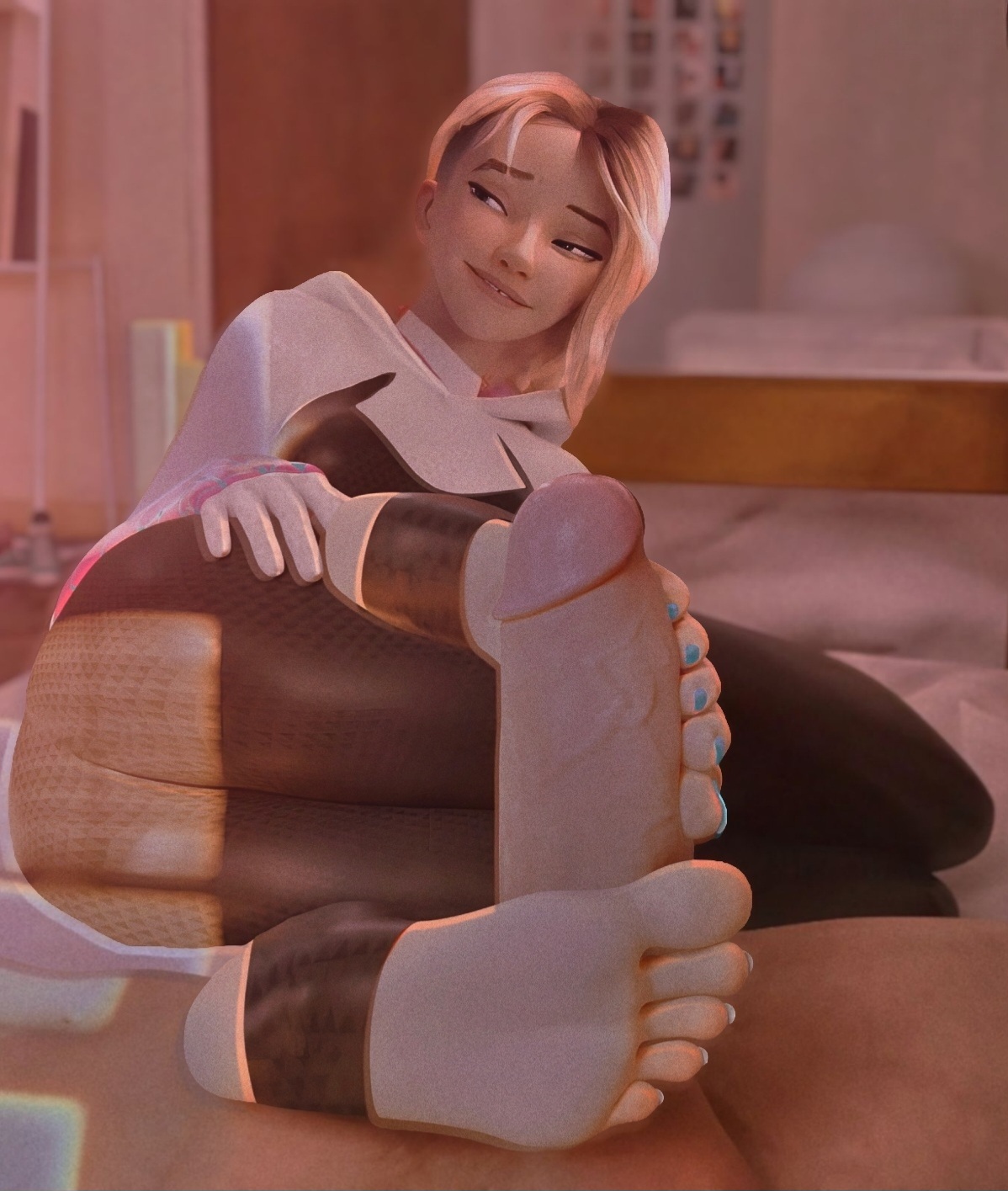 1boy, 1girls, accurate art style, ai assisted, ass, barefeet, barefoot, big penis, duo, edit, edited, erect penis, erection, feet on penis, feet together, female, foot fetish, foot focus, footjob, footjob with legwear, footwear, gwen stacy, gwen stacy (spider-verse), half-closed eyes, heroine, laying, laying down, laying on back, laying on bed, laying on side, light-skinned female, light-skinned male, looking at another, looking at partner, male, marvel, marvel comics, mask removed, penis, photoshop, sideways, soles, soles female, soles fetish, spider-gwen, spider-man (series), spider-man: across the spider-verse, spider-man: into the spider-verse, stirrup legwear, superheroine, unmasked, wtfsths