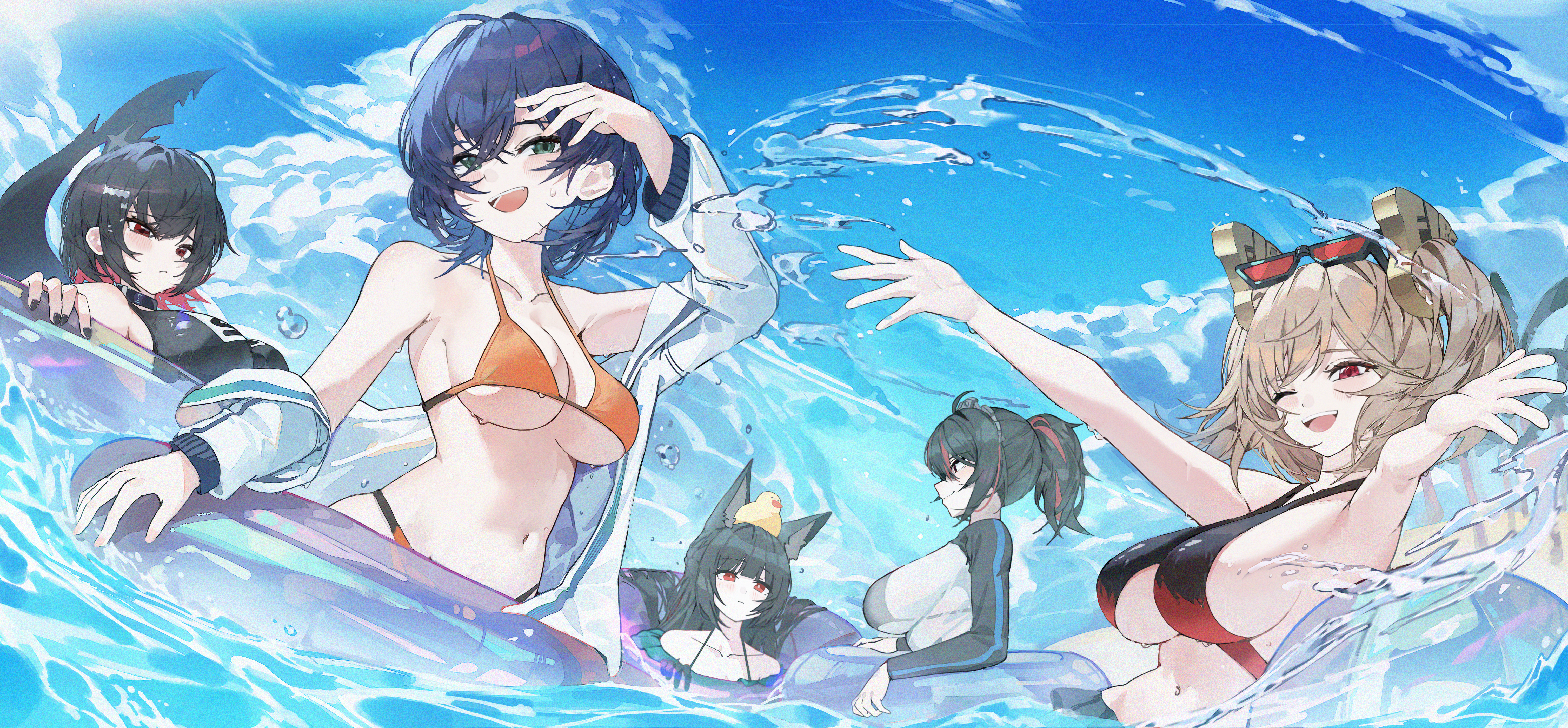 ;d, 5girls, absurdres, animal ears, belle (zenless zone zero), bikini, black bikini, blue hair, blue sky, blush, breasts, burnice white, cloud, day, ellen joe, eyewear on head, female, female only, fins, fish tail, fox ears, fox girl, highres, hoshimi miyabi, k.j., large breasts, looking at viewer, medium breasts, multicolored bikini, multicolored hair, multiple females, multiple girls, ocean, one eye closed, open mouth, orange bikini, outdoors, partially submerged, ponytail, red bikini, red eyes, red hair, shark girl, shark tail, short hair, sky, smile, summer, sunglasses, swimsuit, tail, two-tone bikini, two-tone hair, zenless zone zero, zhu yuan