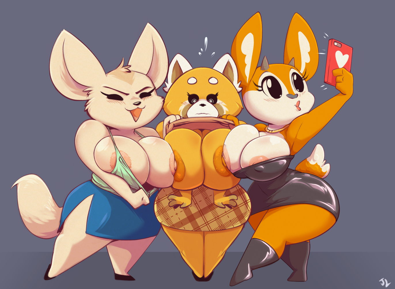 2020, aggressive retsuko, aggretsuko, ailurid, antelope, anthro, areola, assisted exposure, big breasts, big ears, big eyes, biped, black clothing, black eyes, black nose, blue clothing, blush, bodily fluids, bottomwear, bovid, breast squish, breasts, breasts frottage, canid, canine, cellphone, clothed, clothing, clothing lift, dipstick tail, dress, electronics, english text, eyelashes, female, fennec fox, fenneko, flying sweatdrops, footwear, fox, front view, fur, gazelle, grey nose, group, holding object, horn, huge ears, joelasko, light body, light fur, long tail, mammal, markings, multicolored tail, nervous, nipples, no sclera, orange areola, orange body, orange fur, orange nipples, orange skin, pale fur, partially clothed, pencil skirt, phone, pink areola, pink body, pink nipples, pink skin, pouting, red panda, retsuko, sanrio, selfie, shirt, shirt lift, shoes, short tail, shortstack, signature, skirt, smug, squish, standing, surprise, sweat, sweatdrop, tail, tail markings, tan body, tan fur, text, thick thighs, thomson's gazelle, topwear, trio, true antelope, true fox, tsunoda (aggretsuko), white body, white fur, wide hips