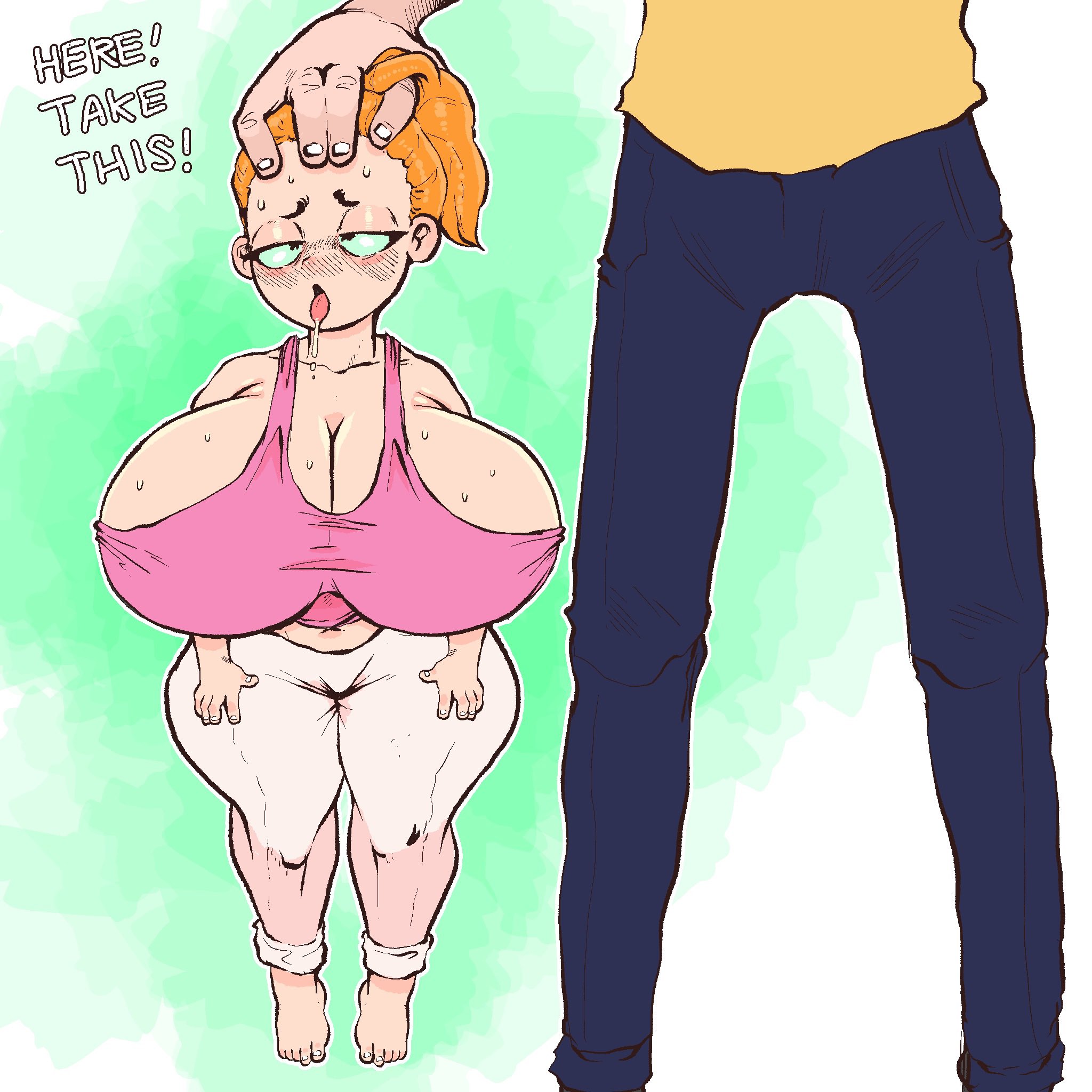 breasts, cleavage, drooling, female, gigantic breasts, hair pulled back, lewdbeef, morty smith, orange hair, pink tank top, rick and morty, shortstack, small female, smaller female, summer smith, tank top, tongue out, white pants, wide hips