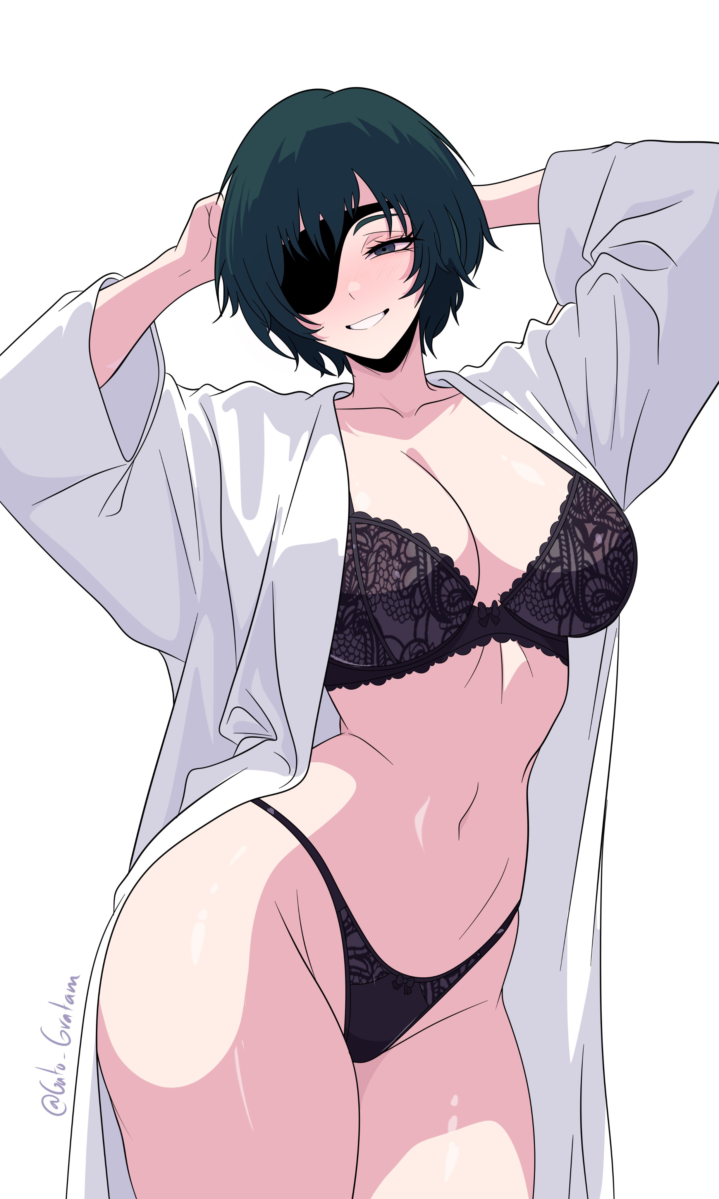 1girls, arms behind head, arms up, blush, chainsaw man, coat, eyepatch, female, gato gratam, green eyes, green hair, himeno (chainsaw man), light skin, light-skinned female, open clothes, open coat, partially clothed, purple underwear, short hair, solo, solo female, trenchcoat, underwear