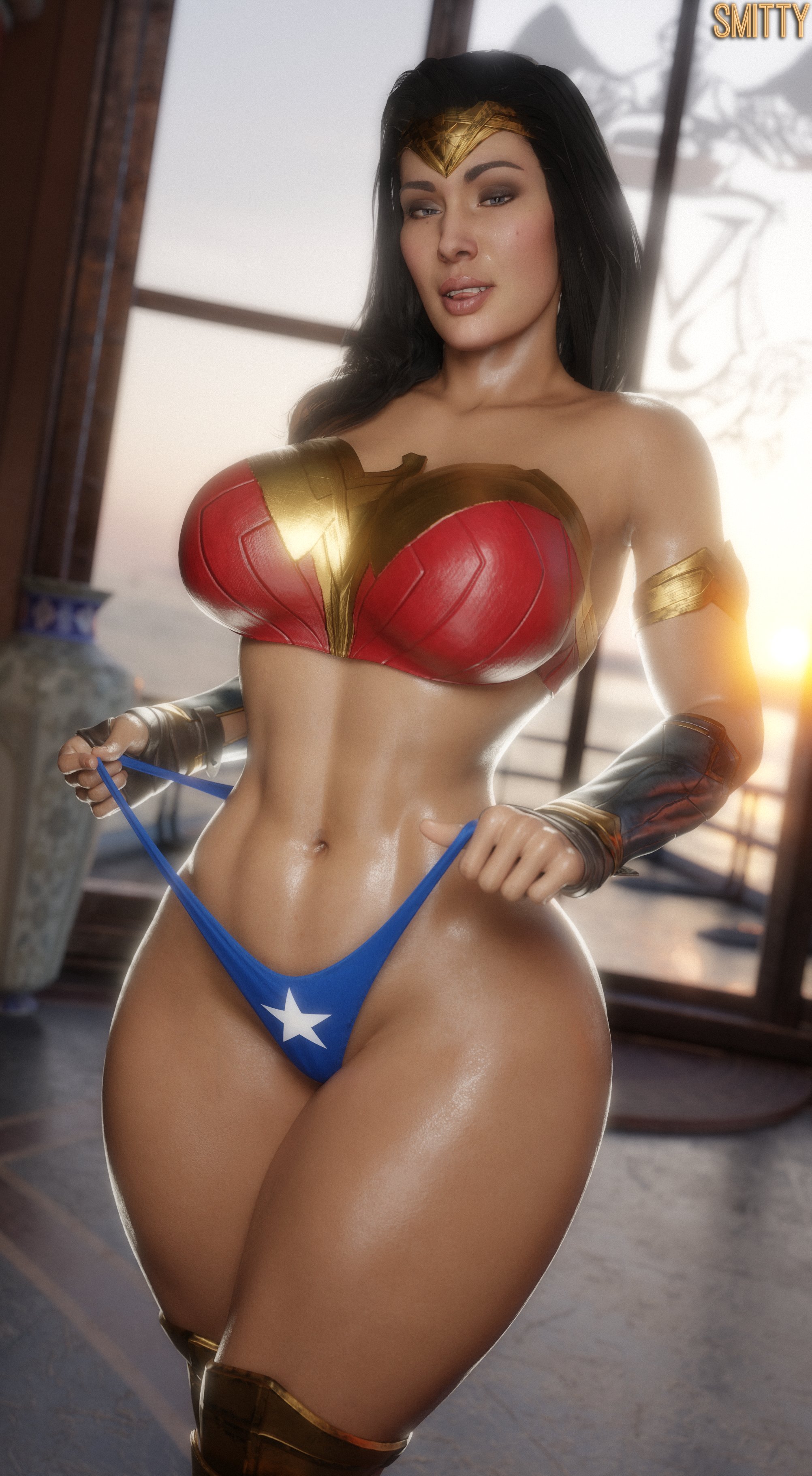 3d, 3d (artwork), big breasts, breasts, cleavage, dc, dc comics, female, full color, looking at viewer, midriff, navel, no penetration, panties, seductive look, seductive smile, skimpy, skimpy clothes, smitty34, solo, solo female, thick thighs, wide hips, wonder woman, wonder woman (injustice), wonder woman (series)
