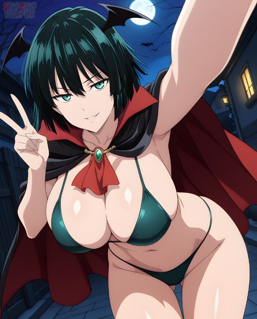 ai generated, bare thighs, bikini, breasts, eroero waifus, female, fubuki (one-punch man), gigantic breasts, green eyes, green hair, halloween, huge breasts, huge thighs, light skin, light-skinned female, looking at viewer, massive breasts, one-punch man, short hair, smiling, solo female, squatting, sweat, sweatdrop, thick body, thick female, thick thighs, thighs, vampire, vampire girl, voluptuous, voluptuous female
