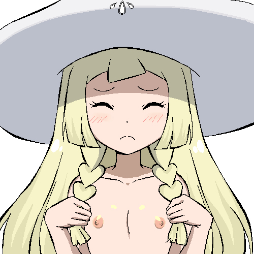 1girls areolae blonde_hair blush braids closed_eyes embarrassed erect_nipples eyelashes female female_only flat_chest gomatarou hat lillie_(pokemon) long_hair nipples nude pokemon pokemon_sm simple_background solo twin_braids white_background