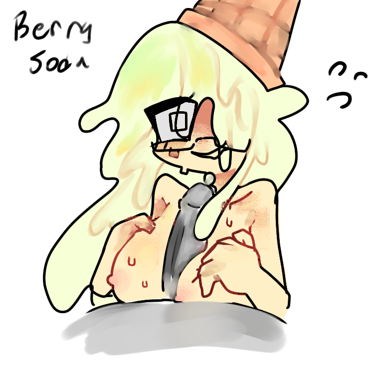 118o8, 1boy, 1girls, anon, areolae, artist name, berrysoda, boobjob, breasts, female, forsaken (roblox), glasses, hair over one eye, ice cream, ice cream cone, ice cream cone hat, ice cream hair, male, milf, nervous smile, nipples, penis, precum, roblox, roblox game, robloxian, self upload, sweat, tagme, titjob