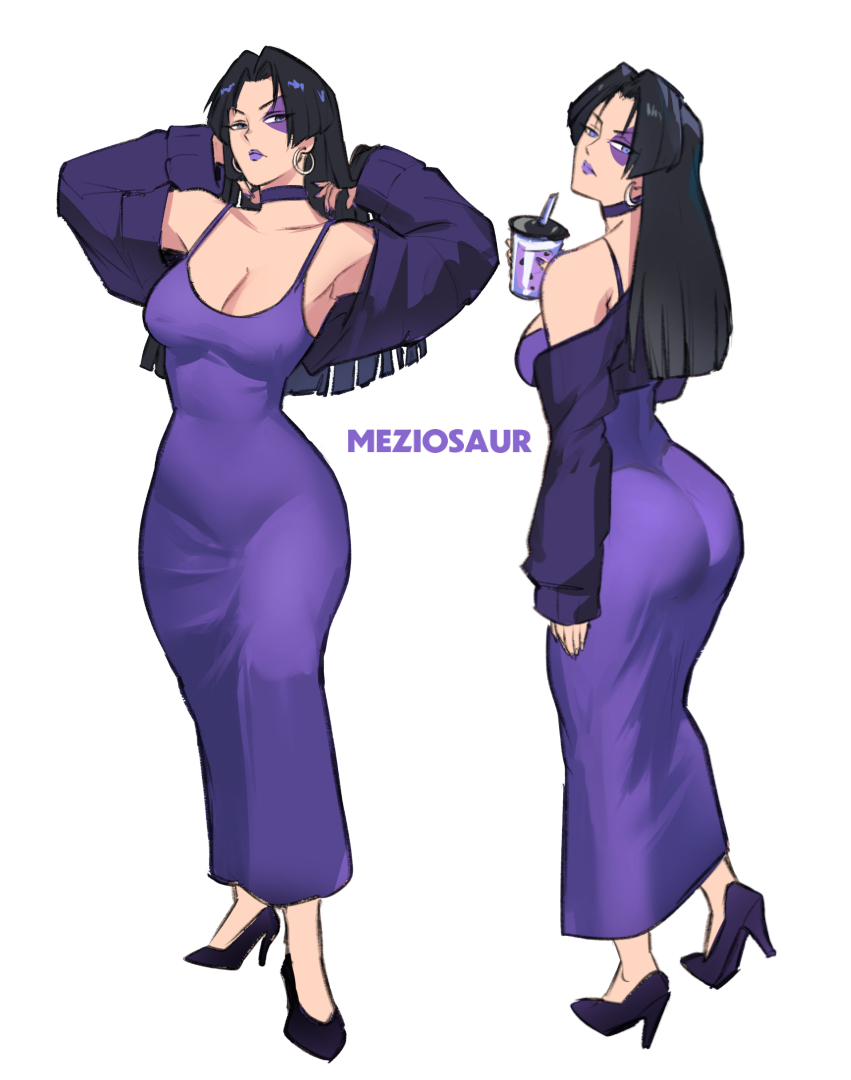 1girls, ass, booty, date, dress, female, marvel, marvel comics, marvel rivals, meziosaur, psylocke, psylocke (sai) (vengeance), purple clothing, simple background, solo, tight clothing, tight dress, tight fit, white background, x-men