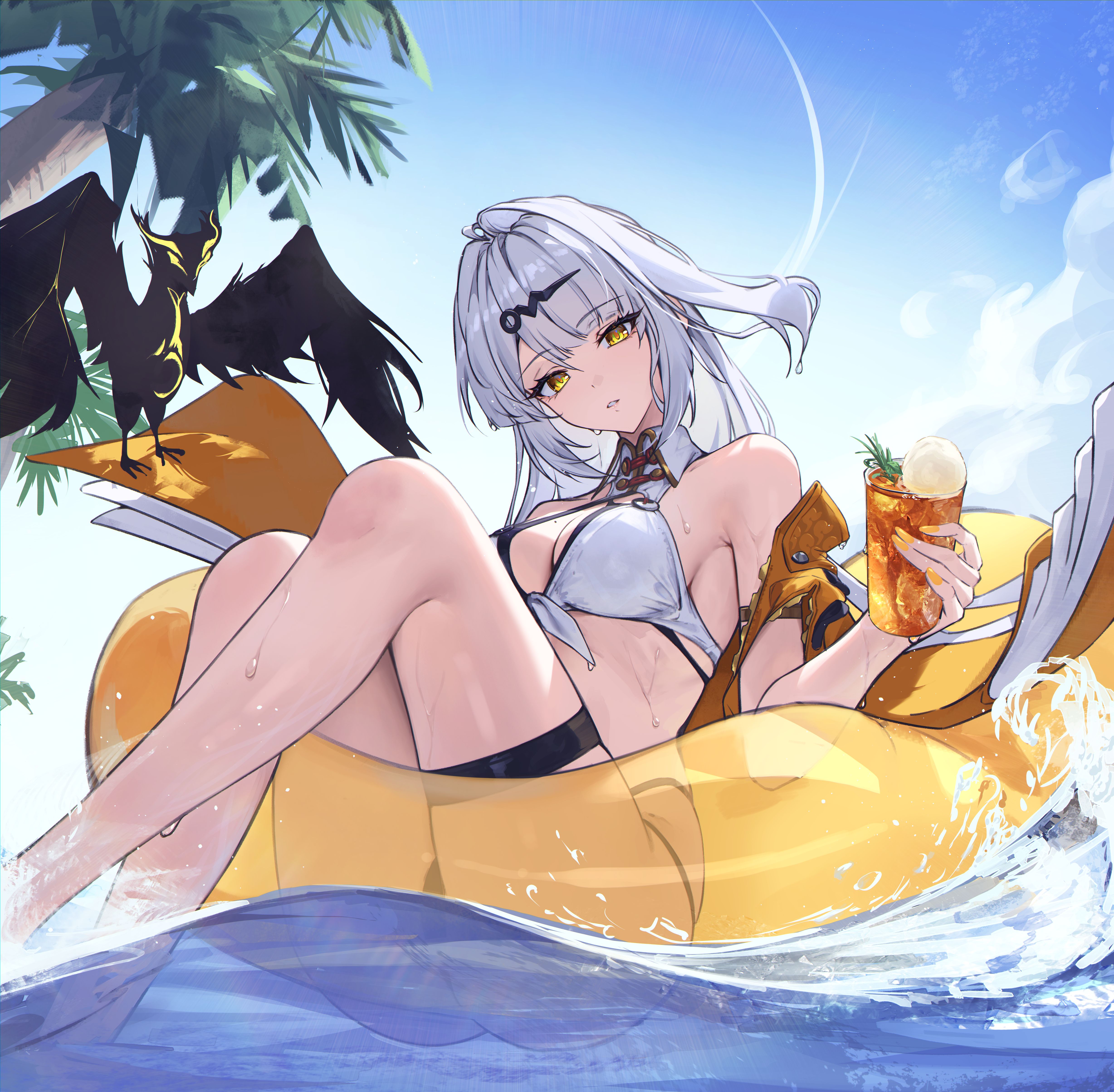 1girls, absurdres, alternate costume, armpit crease, ass, bare shoulders, bikini, blue sky, breasts, commentary request, criss-cross halter, cup, day, drinking glass, feet out of frame, female, female only, fingernails, food, front-tie bikini top, front-tie top, grey hair, hair ornament, halterneck, highres, holding, holding cup, ice cream, ice cream float, innertube, jacket, large breasts, long hair, looking at viewer, multi-strapped bikini bottom, nail polish, off shoulder, parted lips, partial commentary, sasa (sasa ekakiman), sky, solo, swim ring, swimsuit, thigh strap, thighs, wet, white bikini, yellow eyes, yellow jacket, yellow nails, yixuan (zenless zone zero), zenless zone zero