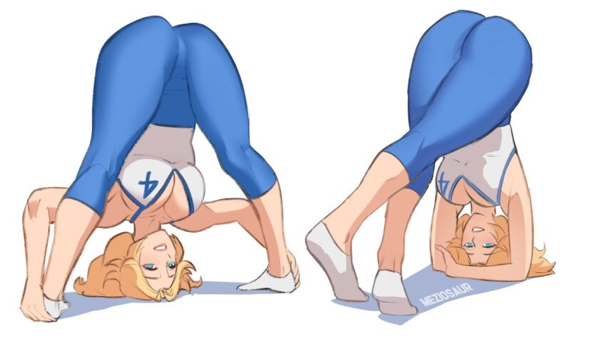 ass, ass focus, bending, bending down, bending forward, bending over, bending over position, bent over, blonde female, blonde hair, blonde pubic hair, blonde-haired female, booty, butt focus, fantastic four, female, invisible woman, invisible woman (marvel rivals), legs apart, legs spread, marvel, marvel comics, marvel rivals, meziosaur, simple background, stretching, sue richards, sue storm, white background, yoga, yoga mat, yoga pants, yoga pose