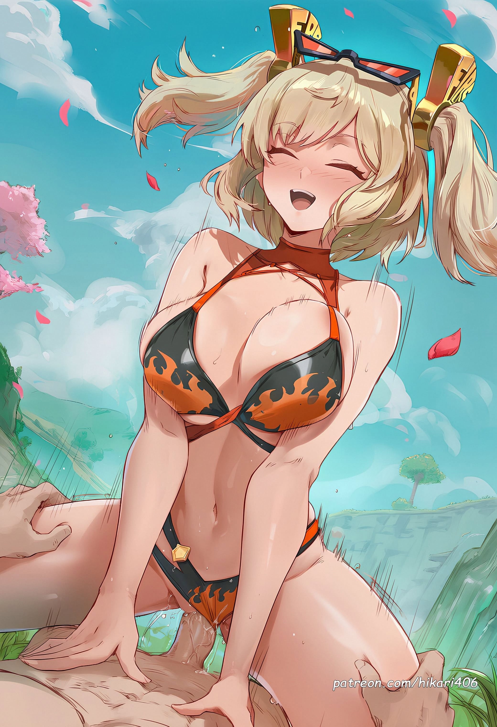 1boy, ai generated, bare shoulders, bikini, bikini bottom aside, blonde hair, blue sky, blush, breasts, burnice white, cleavage, closed eyes, clothed female nude male, clothing aside, cloud, cowgirl position, day, eyewear on head, female, hikari406, large breasts, male, motion lines, navel, nude, open mouth, orange bikini, outdoors, penis, petals, pov, pussy, pussy juice, sex, sky, smile, solo focus, straddling, straight, sunglasses, sweat, swimsuit, twintails, uncensored, upper teeth, vaginal penetration, zenless zone zero