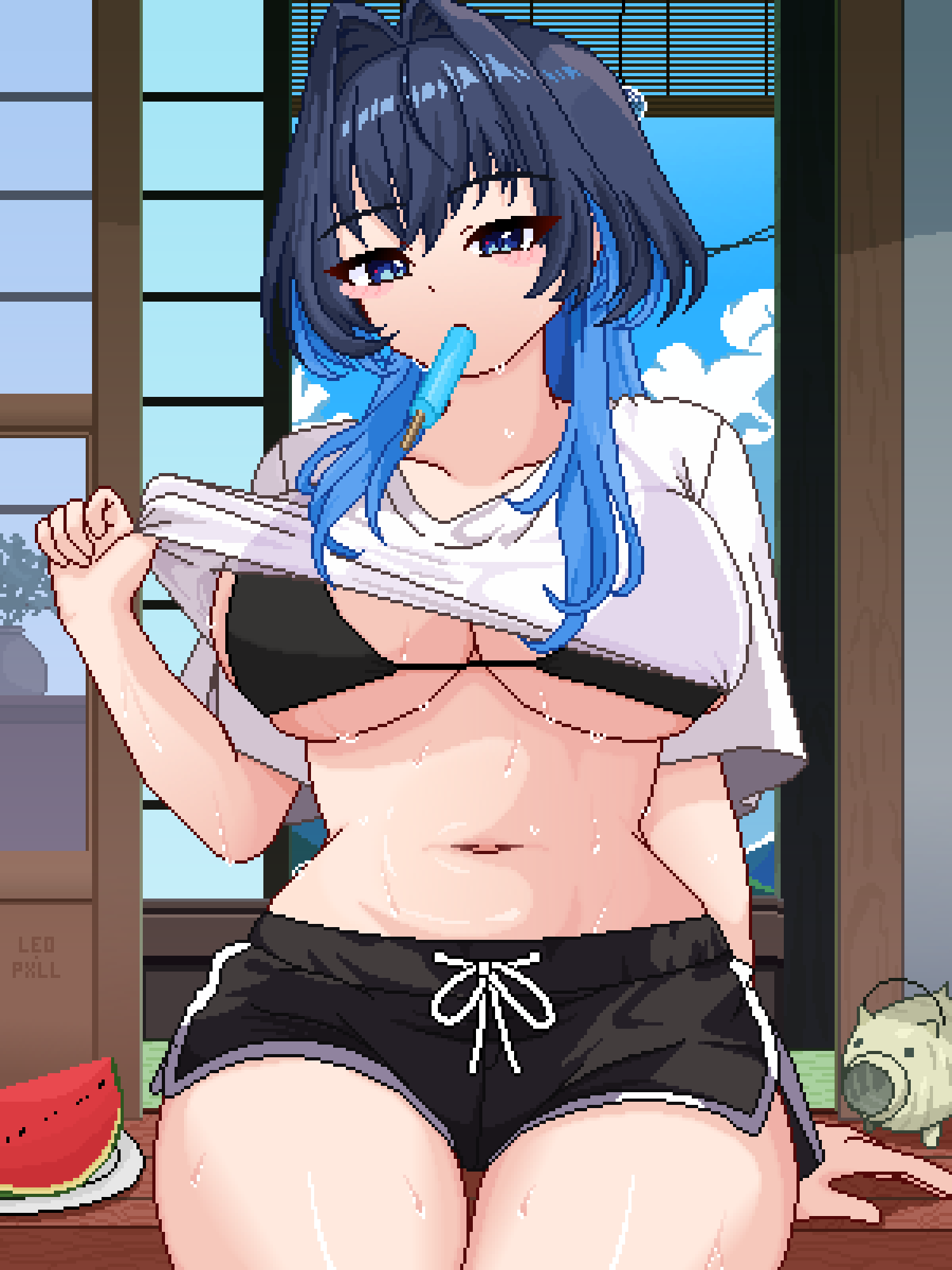 arm_support bikini food_in_mouth huge_breasts leopxl ouro_kronii piggy_bank pixel_art plate popsicle popsicle_in_mouth shirt_lift short_shorts sitting steam sweat sweaty thick_thighs watermelon white_shirt wide_hips