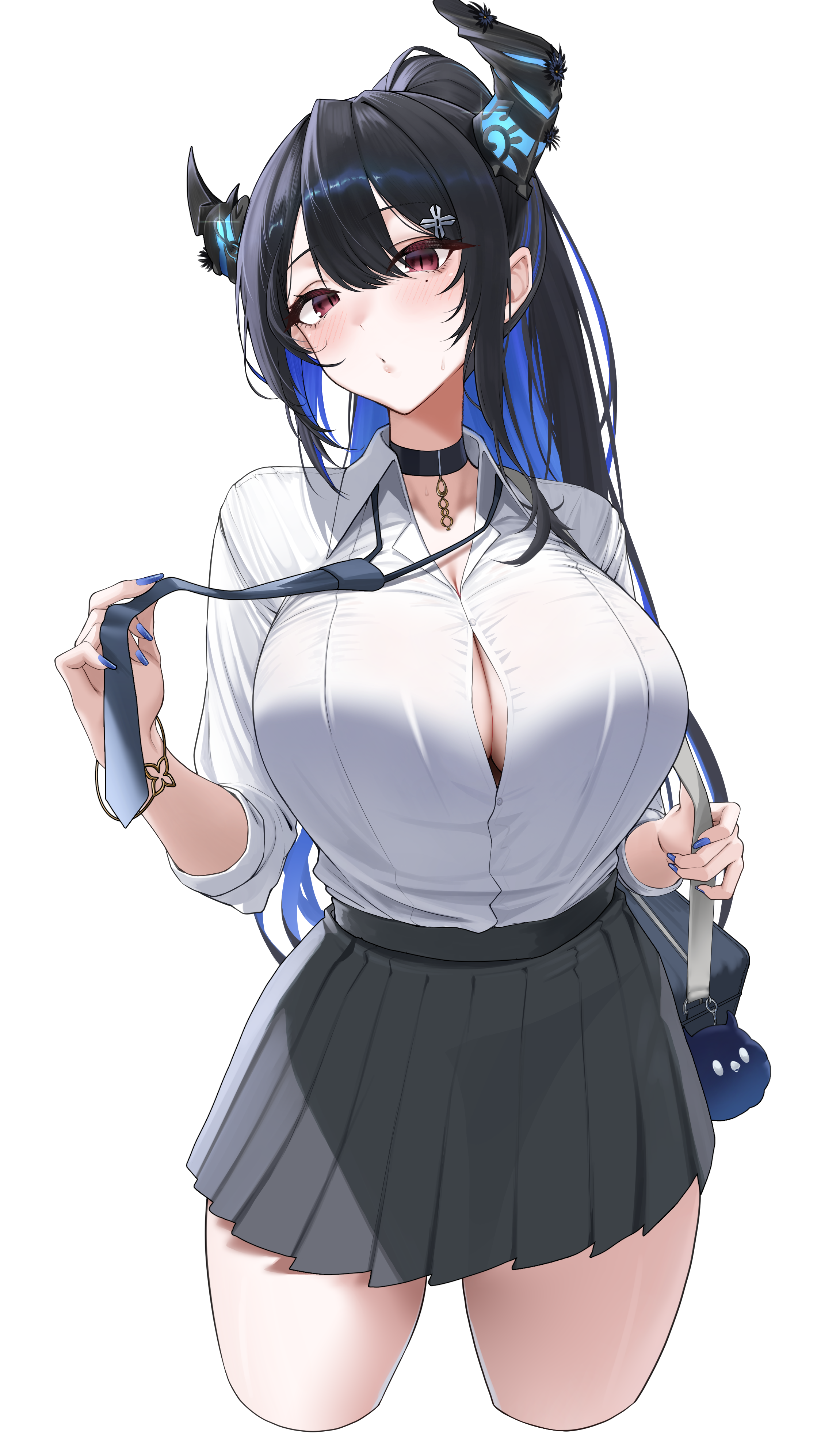 1girls, about to burst, about to pop, absurdres, alternate costume, asymmetrical horns, bag, barely contained, barely contained breasts, barely fits, black choker, black hair, blue hair, blue nails, breasts, breasts too big, bursting breasts, button down shirt, button gap, button up shirt, buttons, choker, cleavage, collared shirt, colored inner hair, cropped legs, demon horns, fan mascot (vtuber), female, female only, grey skirt, hair ornament, highres, holding necktie, hololive, hololive english, hololive english -advent-, horns, imminent wardrobe malfunction, inconvenient boobs, inconvenient breasts, jailbird (nerissa ravencroft), large breasts, long hair, mintz912, mole, mole under eye, multicolored hair, nail polish, nerissa ravencroft, ponytail, pursed lips, red eyes, school bag, school uniform, shirt, skirt, solo, strained buttons, straining buttons, straining clothing, sweat, tight fit, too tight, two-tone hair, undersized clothes, undersized clothing, uneven horns, virtual youtuber, wardrobe malfunction, white skirt