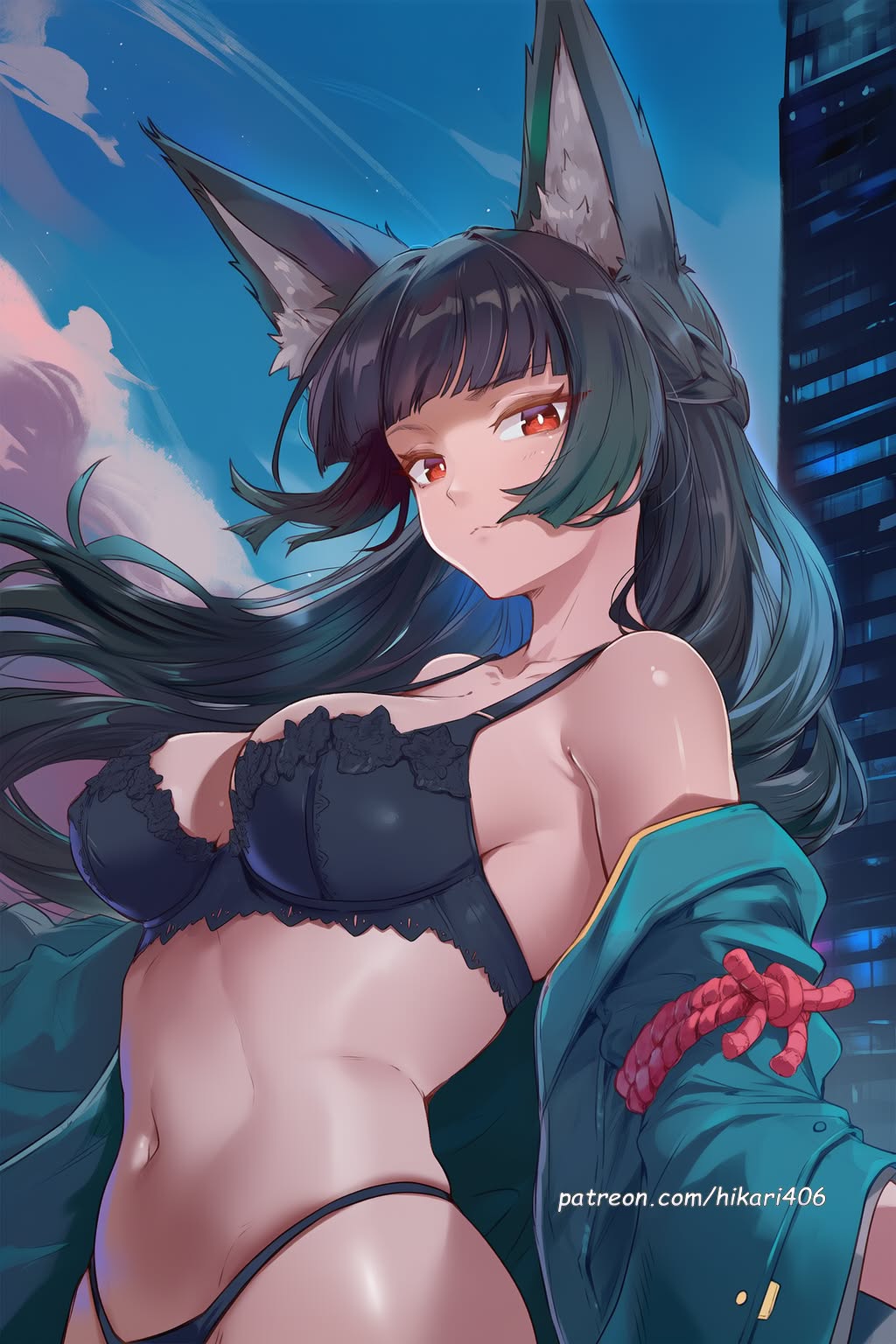 ai generated, animal ear fluff, animal ears, bare shoulders, black bra, black hair, black panties, blunt bangs, bra, breasts, closed mouth, cloud, collarbone, female, fox ears, hikari406, hoshimi miyabi, jacket, japanese clothes, kimono, large breasts, long hair, looking at viewer, medium breasts, navel, off shoulder, open clothes, outdoors, panties, red eyes, sky, solo, stomach, uncensored, underwear, web address, zenless zone zero