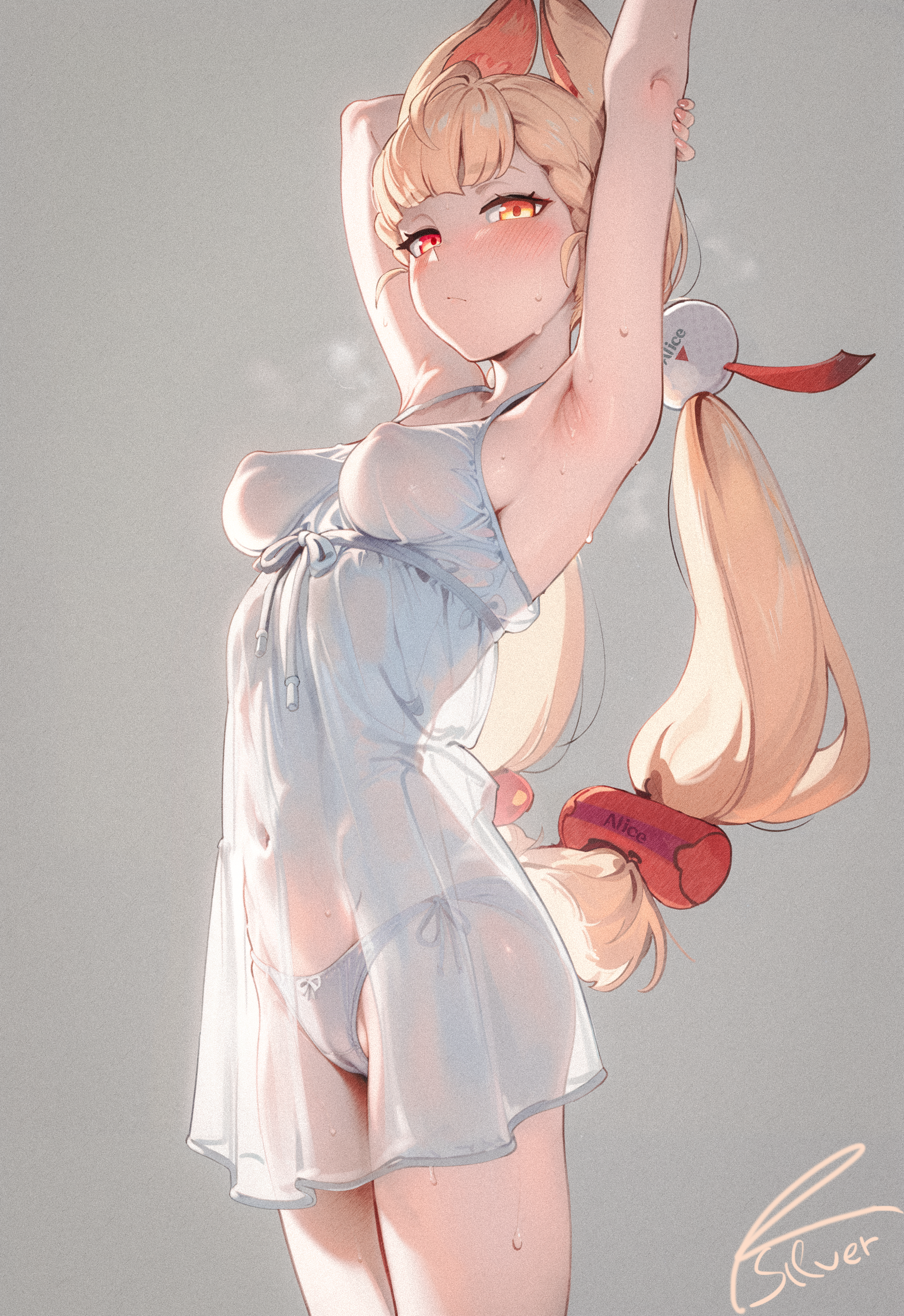 1girls, 2d, ai assisted, ai generated, alice thymefield, animal ears, armpits, arms up, blonde hair, blush, braid, breasts, cameltoe, closed mouth, female, hair ornament, half-closed eyes, heterochromia, icosilveraiart, long hair, medium breasts, nightgown, orange eyes, perky breasts, pussy, rabbit ears, rabbit girl, see-through, see-through clothing, solo, standing, sweat, twintails, underwear, yellow eyes, zenless zone zero