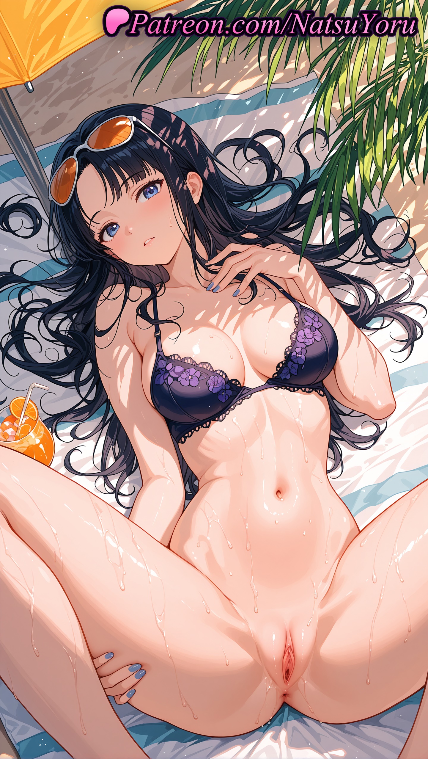 1girls, 2025, ai generated, anus, bangs, bikini, black hair, blue eyes, blue nails, blush, bottomless, bra, breasts, clothing, eyewear on head, female, female only, hi res, highres, lace-trimmed bra, long hair, looking at viewer, lying, nail polish, natsuyoru, navel, nico robin, nico robin (classic), nico robin (cosplay), nico robin (dressrosa), nico robin (egghead), nico robin (one piece), nico robin (post-timeskip) (cosplay), nico robin (pre-timeskip), nico robin (teenager), nico robin (vegapunk), on back, one piece, one piece film gold, one piece film red, one piece film strong world, one piece: egghead arc, orange (fruit), orange slice, parted lips, patreon, pussy, solo, spread legs, stomach, sunglasses, swimsuit, uncensored, underwear, vagina, voluptuous, voluptuous female, wet