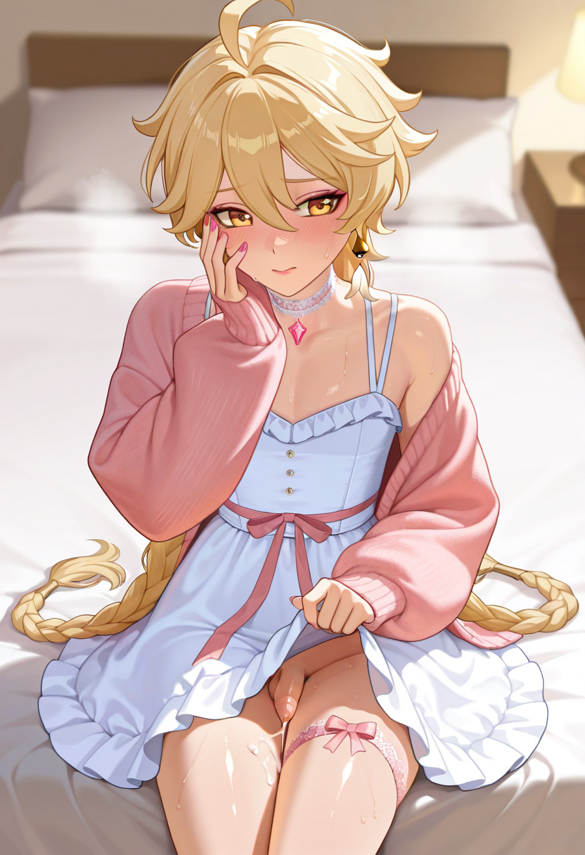 aether (genshin impact), ai, ai art, ai assisted, ai generated, blonde hair, blush, boy, braided hair, cardigan, crossdressing, cum, cumming, eyeshadow, femboy, flat chest, flat chested, gay, genshin impact, lifting skirt, lipstick, looking at viewer, makeup, neronaai, orgasm, otoko no ko, penis, sitting, sitting on bed, small penis, steam, steaming, sweat, sweating