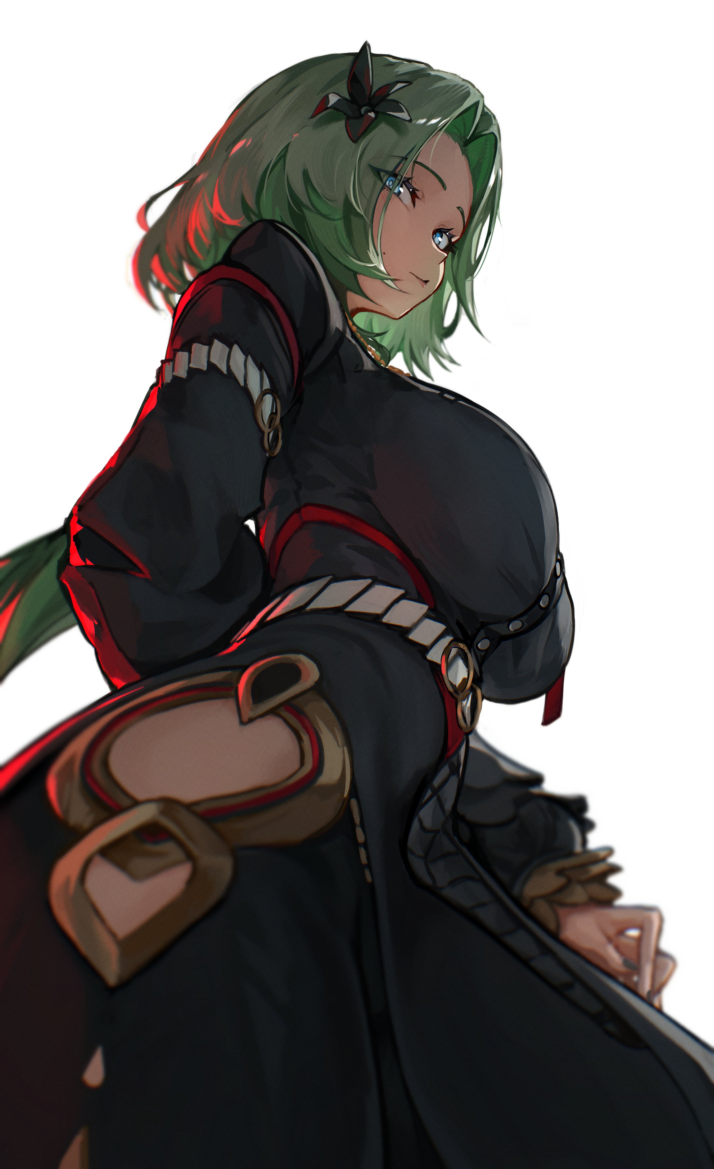 1girls, absurdres, arm behind back, black dress, black flower, black nails, blue eyes, breasts, buttons, commentary, dress, female, female only, first porn of character, flower, from below, green hair, hair flower, hair ornament, highres, hip vent, isolde (zenless zone zero), long hair, long sleeves, looking at viewer, m3ru, mole, mole on cheek, pelvic curtain, sidelighting, simple background, solo, white background, zenless zone zero