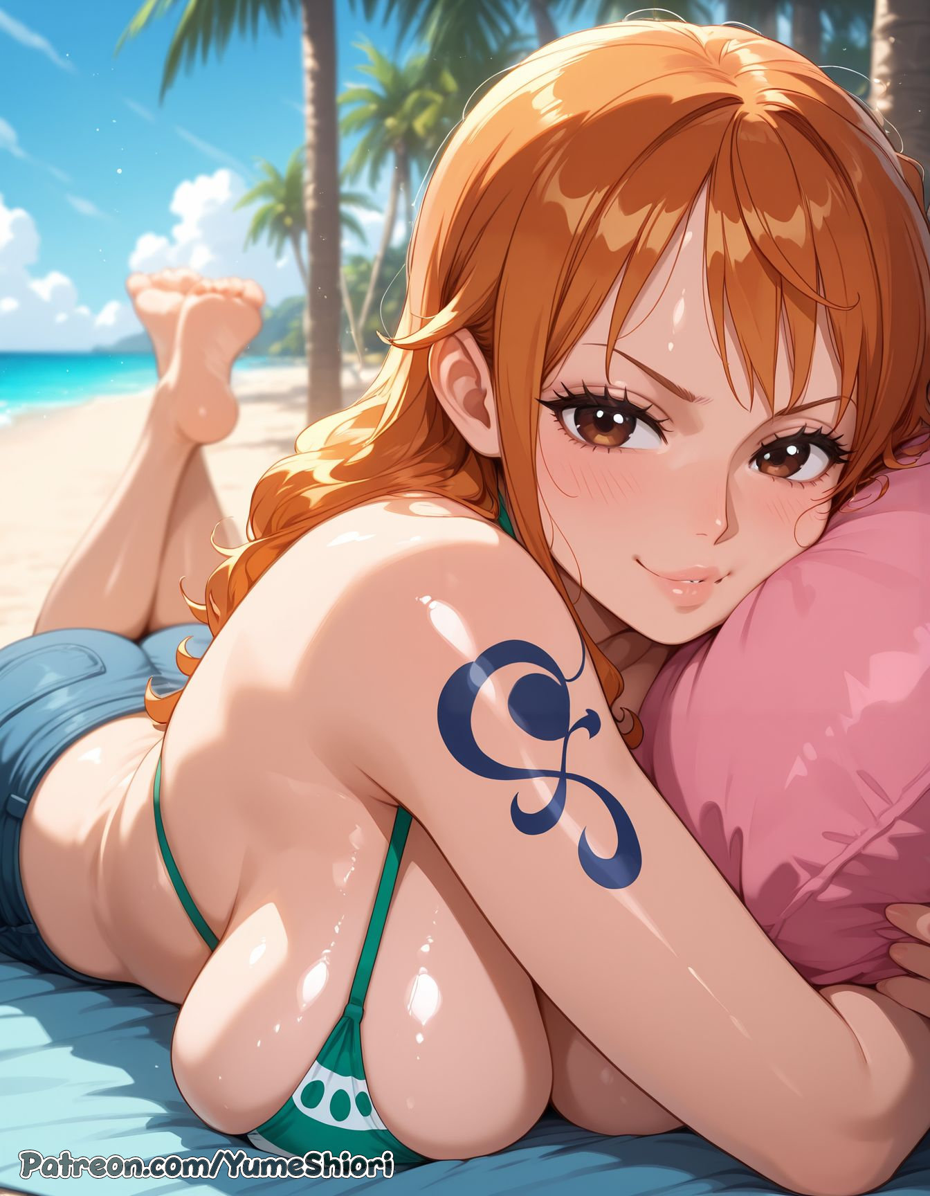1girls, ai assisted, ai generated, arm tattoo, ass, balls, beach, beach sex, big breasts, big thighs, bikini, blue tattoo, breast expansion, breast growth, breast growth (enlargement), breasts, caption, captions, comic, comics, dialogue, feet, female, female focus, female human, ginger, ginger hair, girly, huge ass, huge breasts, huge cock, interracial, male, nami (classic), nami (one piece), one piece, one-piece swimsuit, orange hair, orange-haired female, penis, sexy, sexy body, sexy pose, solo, tagme, tattoo, text, text bubble, yumeshiori