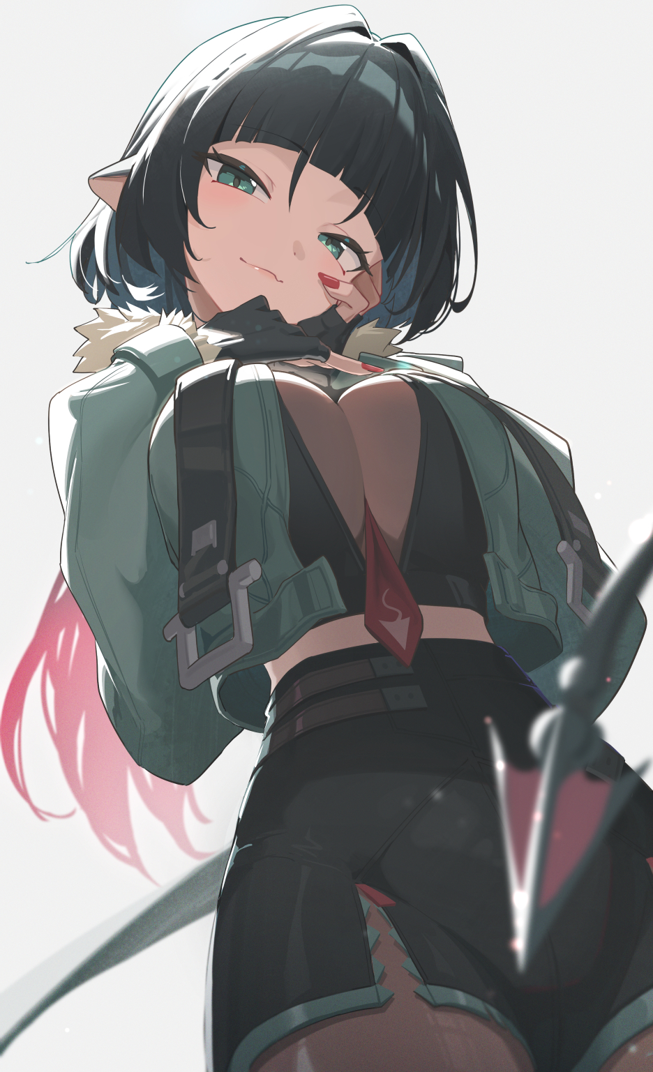 1girls, animal ears, between breasts, black gloves, black hair, black shorts, blue eyes, blurry, breasts, crop top, depth of field, female, female only, gloves, highres, jane doe (zenless zone zero), large breasts, long hair, looking at viewer, midriff, mouse ears, mouse girl, mouse tail, necktie, necktie between breasts, pantyhose, partially fingerless gloves, red nails, red necktie, reulem, short shorts, shorts, solo, tail, very long hair, zenless zone zero