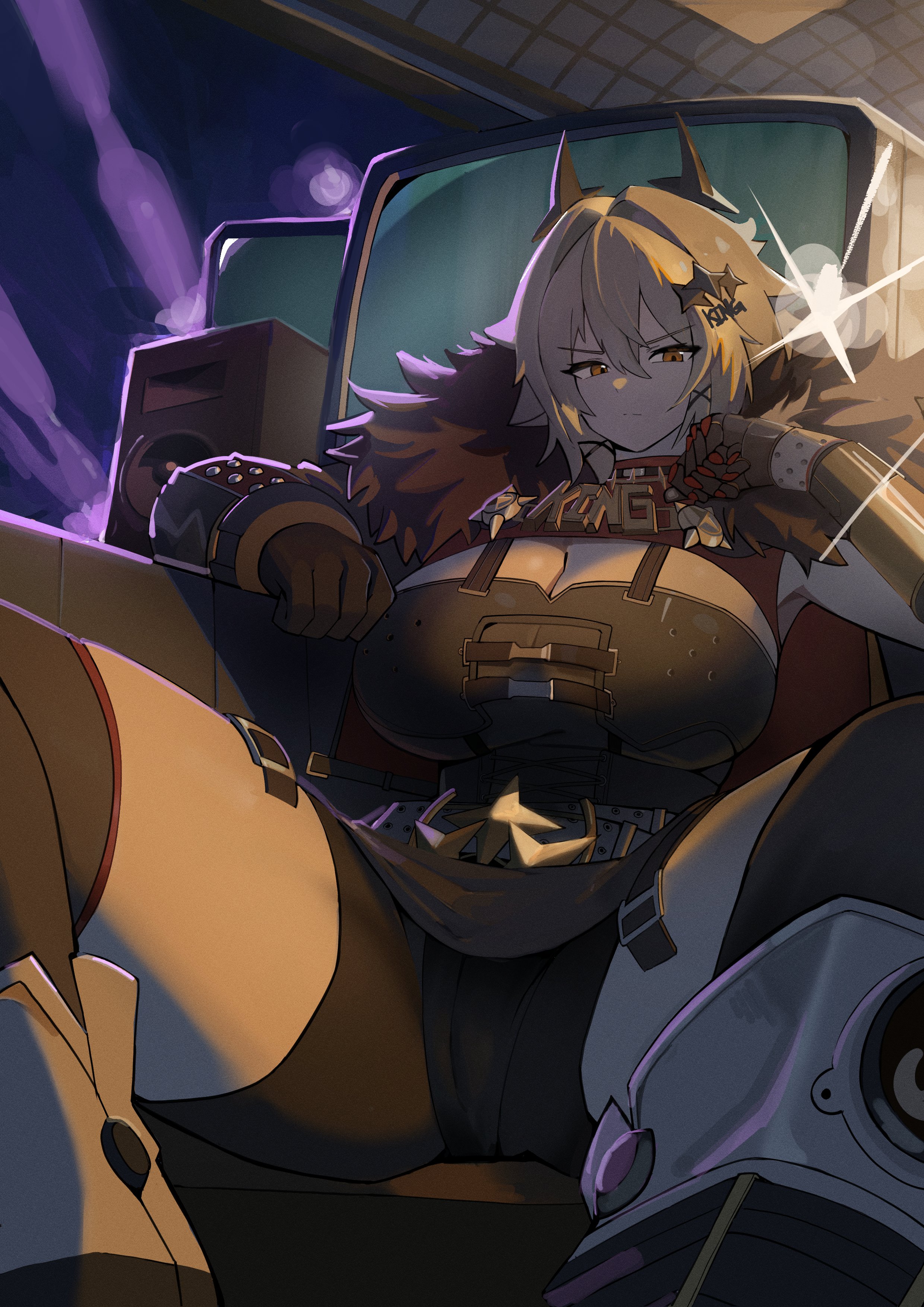 1girls, absurdres, ammak, belt, black horns, black shorts, breasts, caesar king, caesar king (zenless zone zero), cameltoe, chest guard, cleavage, closed mouth, fake horns, female, female only, foot out of frame, fur trim, fur-trimmed jacket, hair between eyes, hair ornament, highres, horns, indoors, jacket, large breasts, looking at viewer, prosthesis, prosthetic arm, pussy, short shorts, shorts, sidelocks, sitting, solo, speaker, television, thick thighs, thighhighs, thighs, tight clothes, x hair ornament, yellow eyes, zenless zone zero