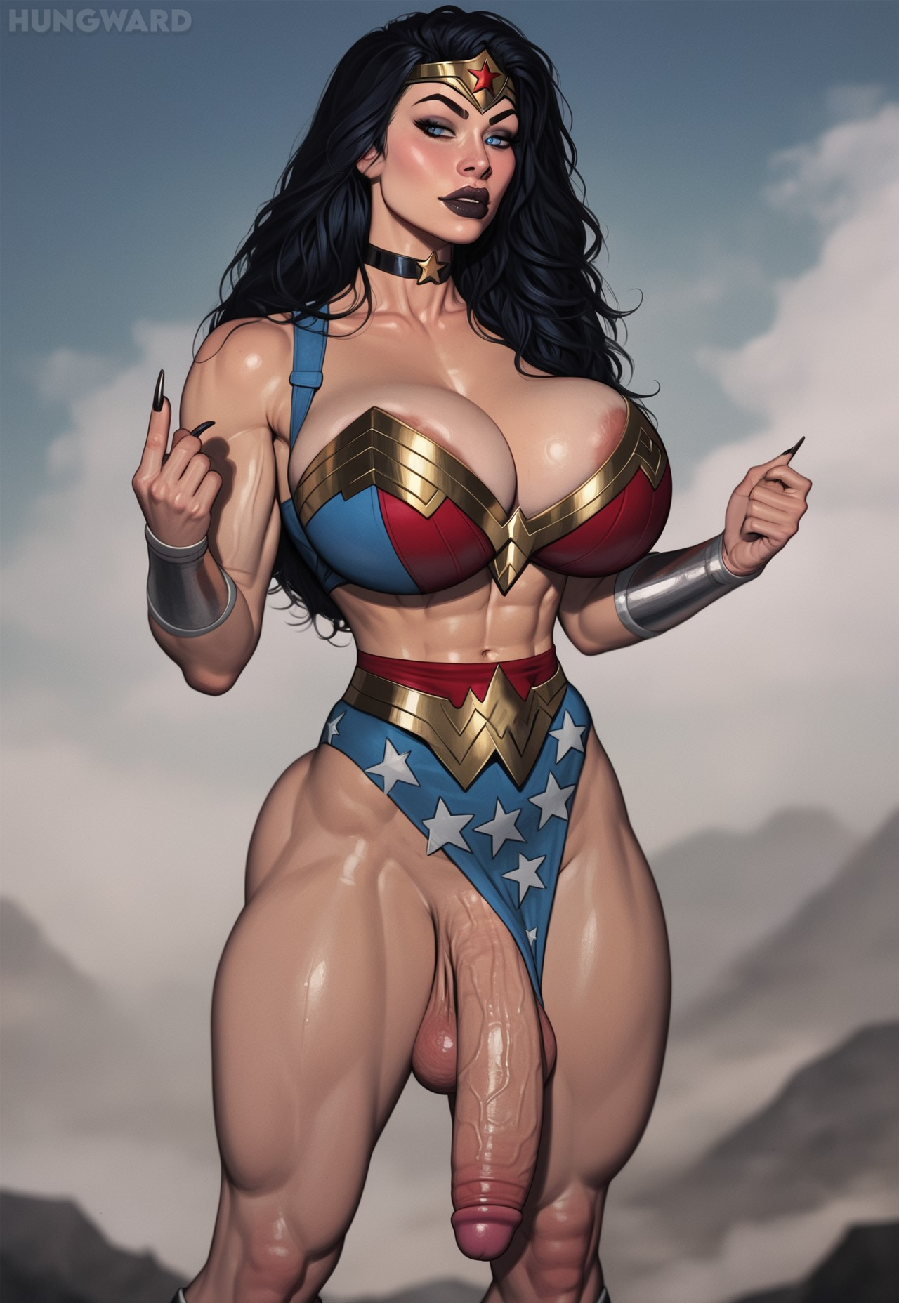 1futa, abs, ai generated, big breasts, big penis, breasts, choker, flaccid, flaccid penis, futa only, futanari, hungward, intersex, large breasts, muscular, muscular futa, penis, wonder woman, wonder woman (series)