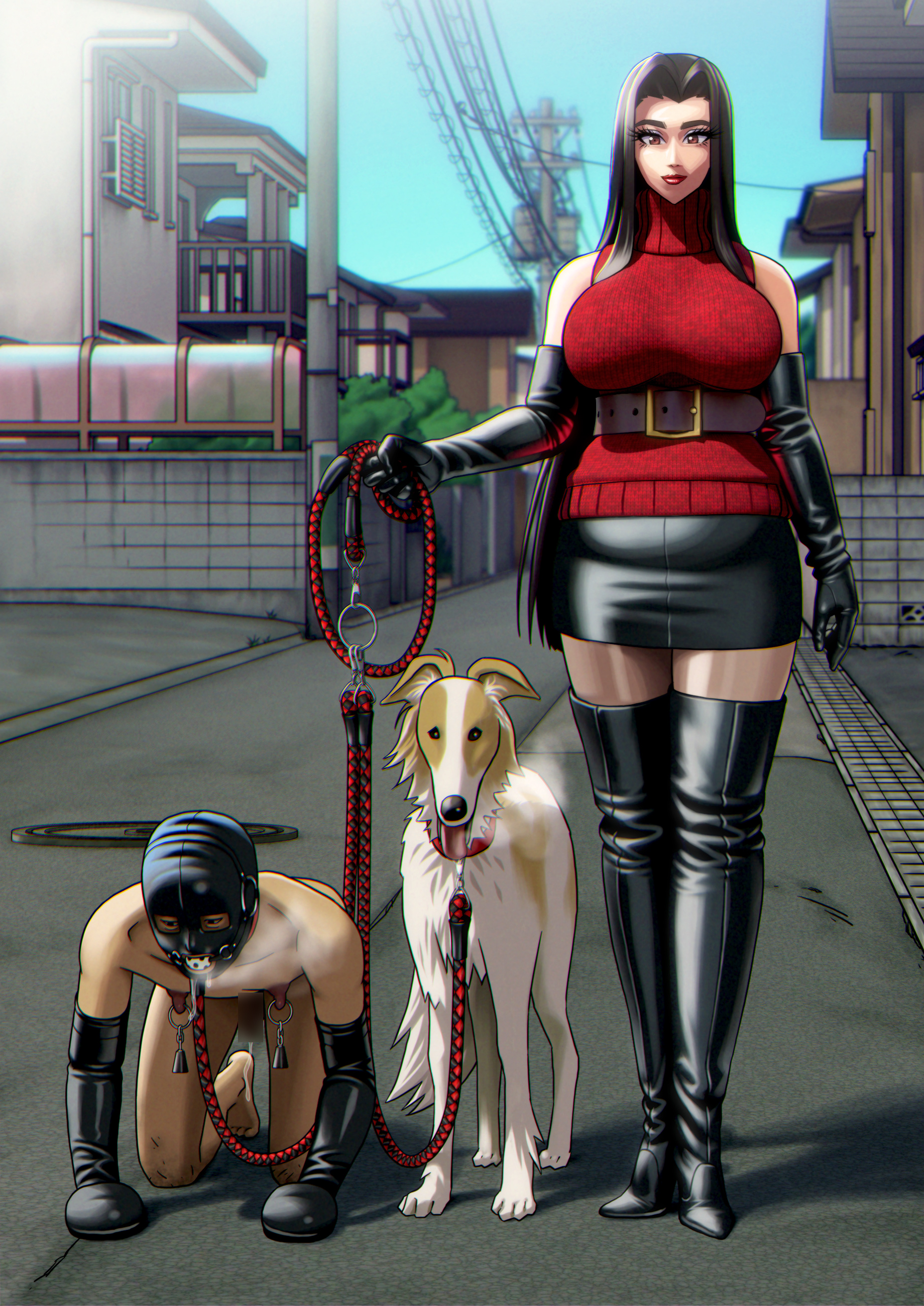 1boy, 1girls, 2d, ball gag, bdsm, belt, big breasts, bondage, bondage hood, boot fetish, boots, breasts, breath, breathing, brown eyes, brown hair, canine, chastity cage, chastity device, collar, cum, cum dripping, dog collar, domestic dog, dominatrix, elbow gloves, enkaboots, female, female domination, female supremacy, femdom, gloves, heels, leash, leather, leather boots, leather gloves, leather mask, leather skirt, long hair, looking at viewer, male, malesub, nipple weights, nipples, pantyhose, penis, petplay, precum, precum drip, precum on ground, precum string, puppyplay, size difference, slave, smile, smiling at viewer, tall woman, thigh boots, thighhigh boots, thighhighs, turtleneck, turtleneck sweater, voluptuous, waist belt