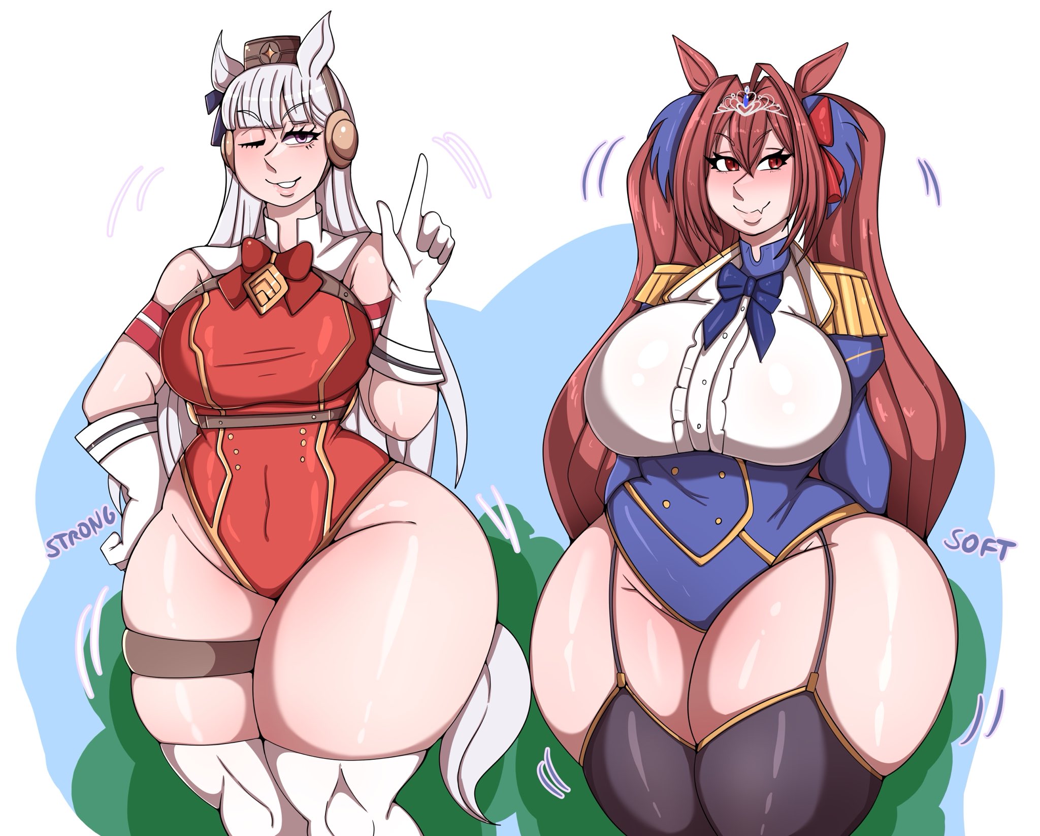2girls, clothing, daiwa scarlet (umamusume), female, female only, fully clothed, garterstraps, gold ship (umamusume), huge hips, murox78, standing, stockings, thick thighs, thunder thighs, umamusume, umamusume pretty derby, wide hips