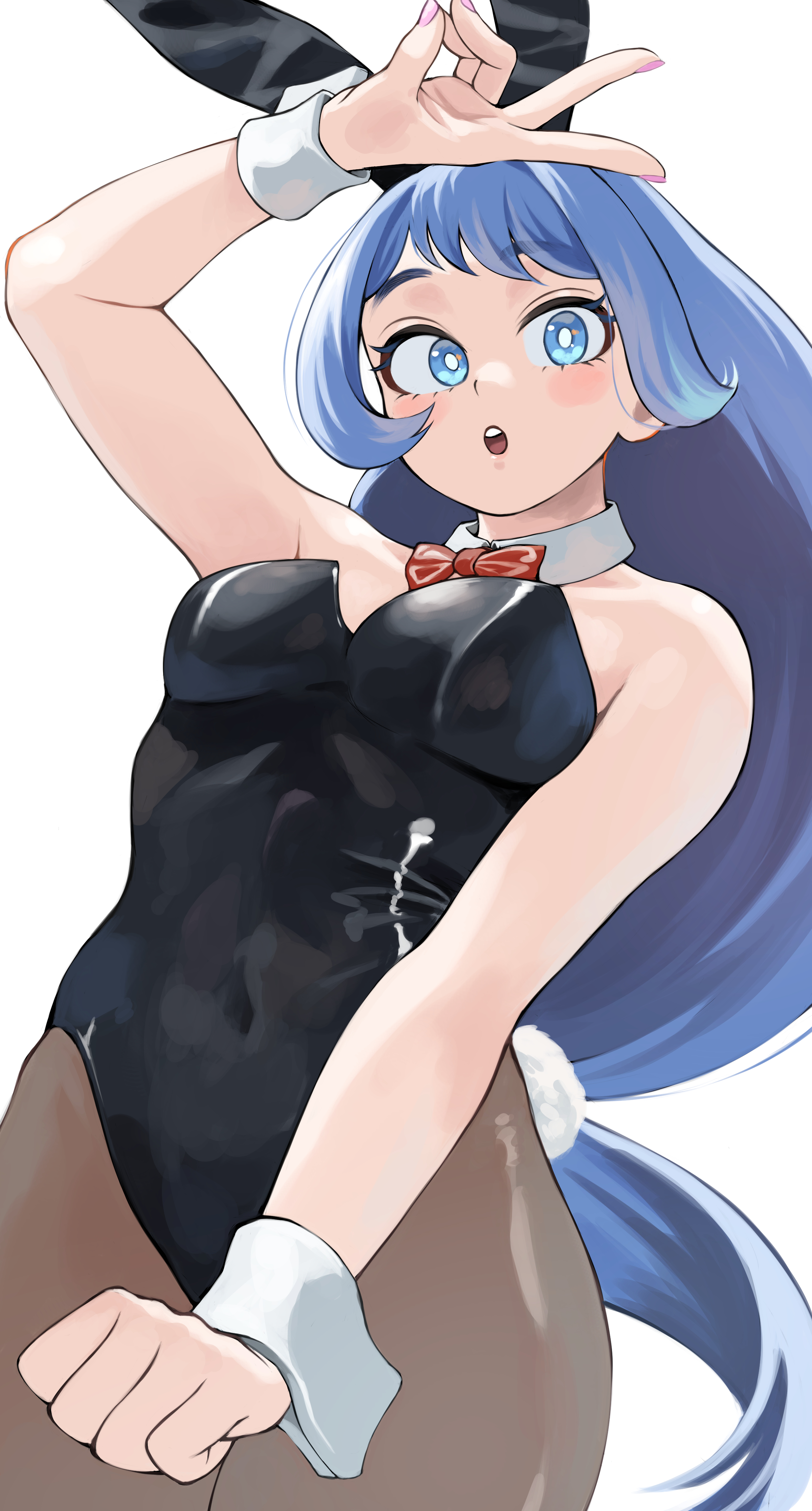 1girls, absurdres, animal ears, bare shoulders, black leotard, blue eyes, blue hair, blue-haired female, boku no hero academia, bow, bow choker, choker, covered navel, fake animal ears, fake tail, female, female only, fengling (furin-jp), highres, leotard, long hair, looking at viewer, my hero academia, nejire hado, pantyhose, pink nails, rabbit ears, rabbit tail, red bow, solo, strapless, strapless leotard, tail, teenager, teeth, upper teeth, very long hair, white background, wrist cuffs