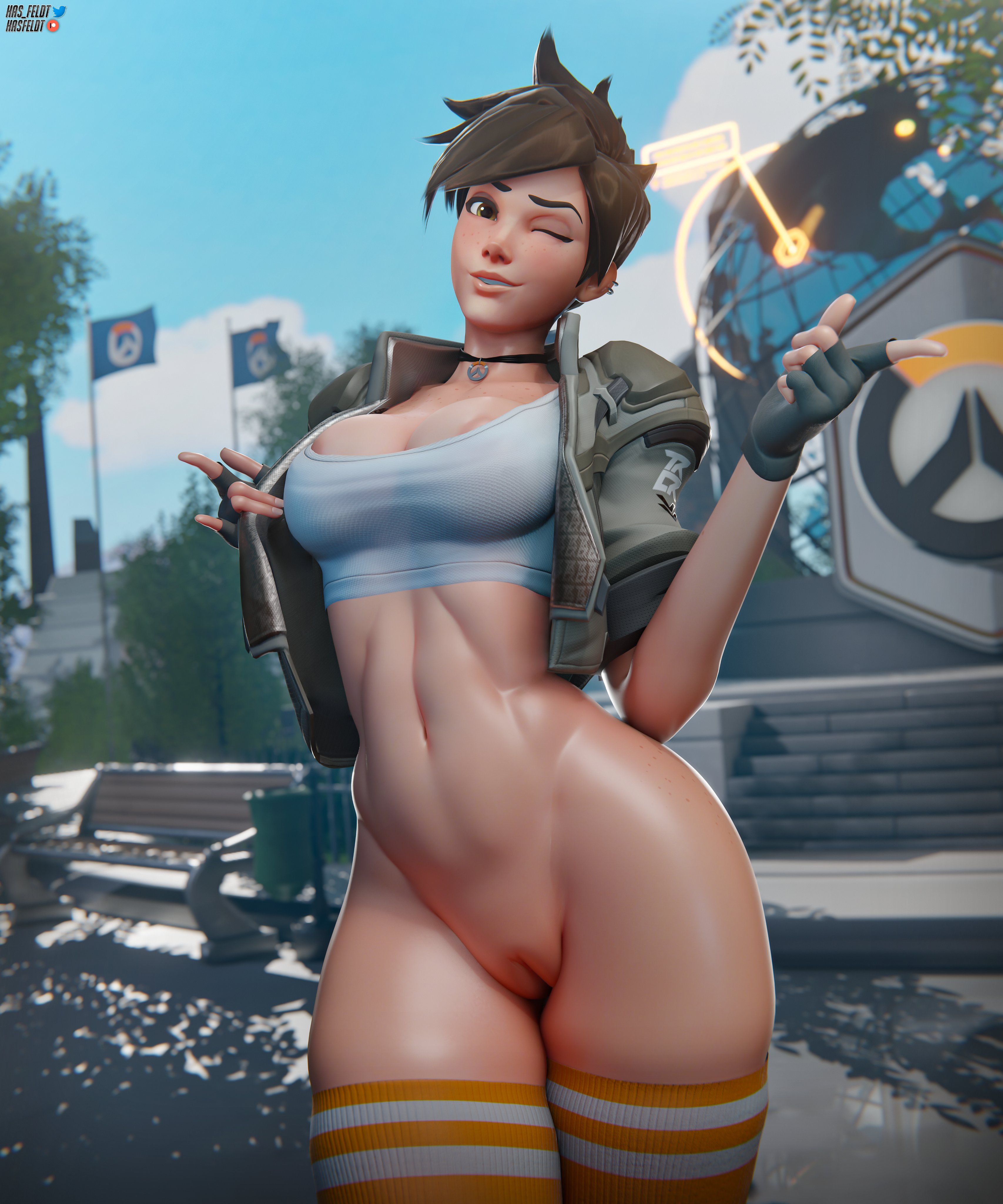 1girls, 3d, alternate costume, areola slip, ear piercing, female torso, freckles, hasfeldt, large breasts, navel, one eye closed, overwatch, pointing, pointing at viewer, pussy, shirt, short hair, smile, thighhighs, tomboy, tracer