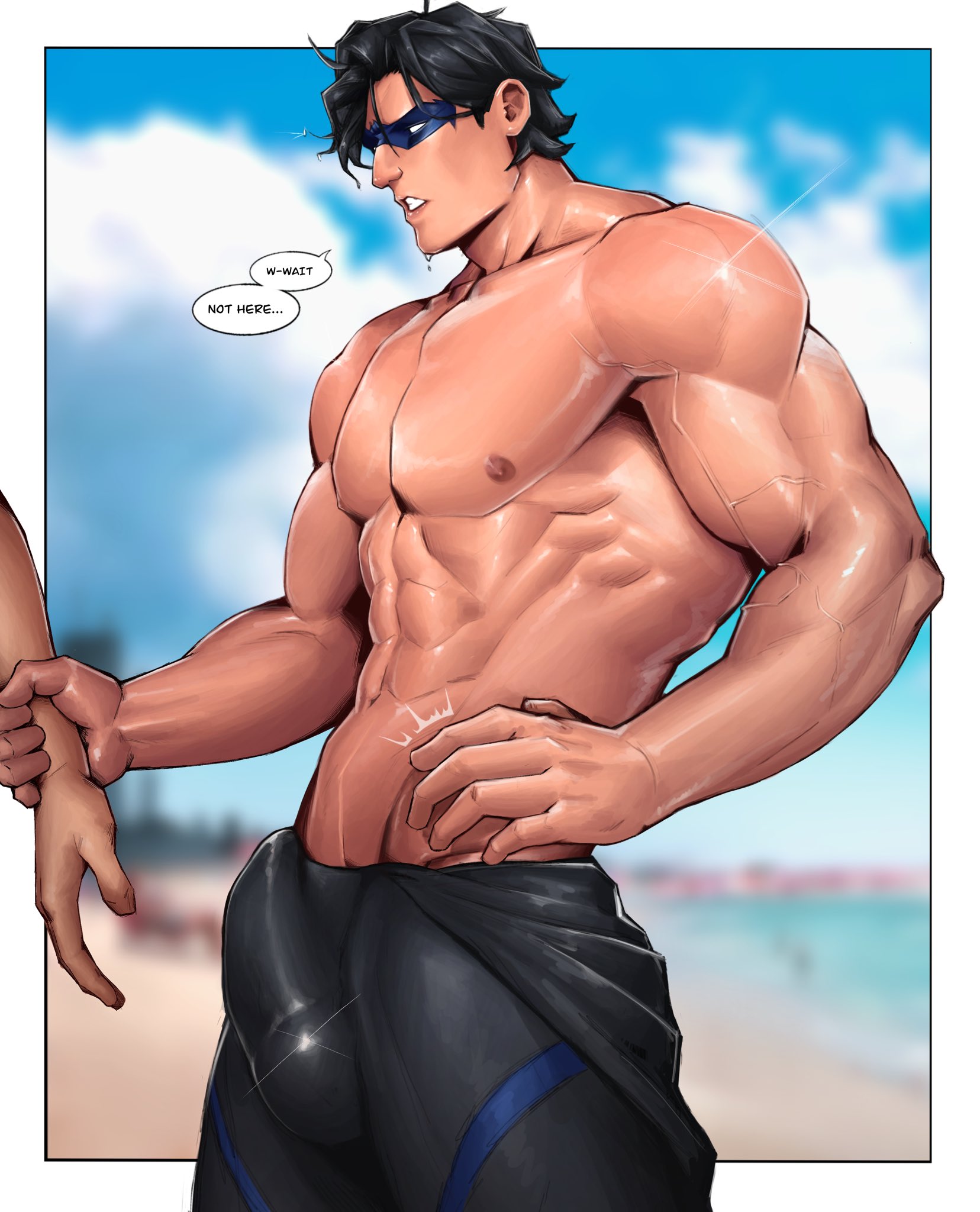 ..., 2boys, abs, bara, batman (series), beach, big pecs, dc, dc comics, dick grayson, english dialogue, english text, erection, erection under clothes, gay, hand on another's wrist, hand on hip, hand on own hip, hand on wrist, male, male focus, male only, mask, muscular, muscular arms, muscular chest, muscular male, nightwing, nipples, pants only, pecs, pleasemf, public topless, sfw, sweat, sweatdrop, talking to another, topless, topless male, twitter, yaoi