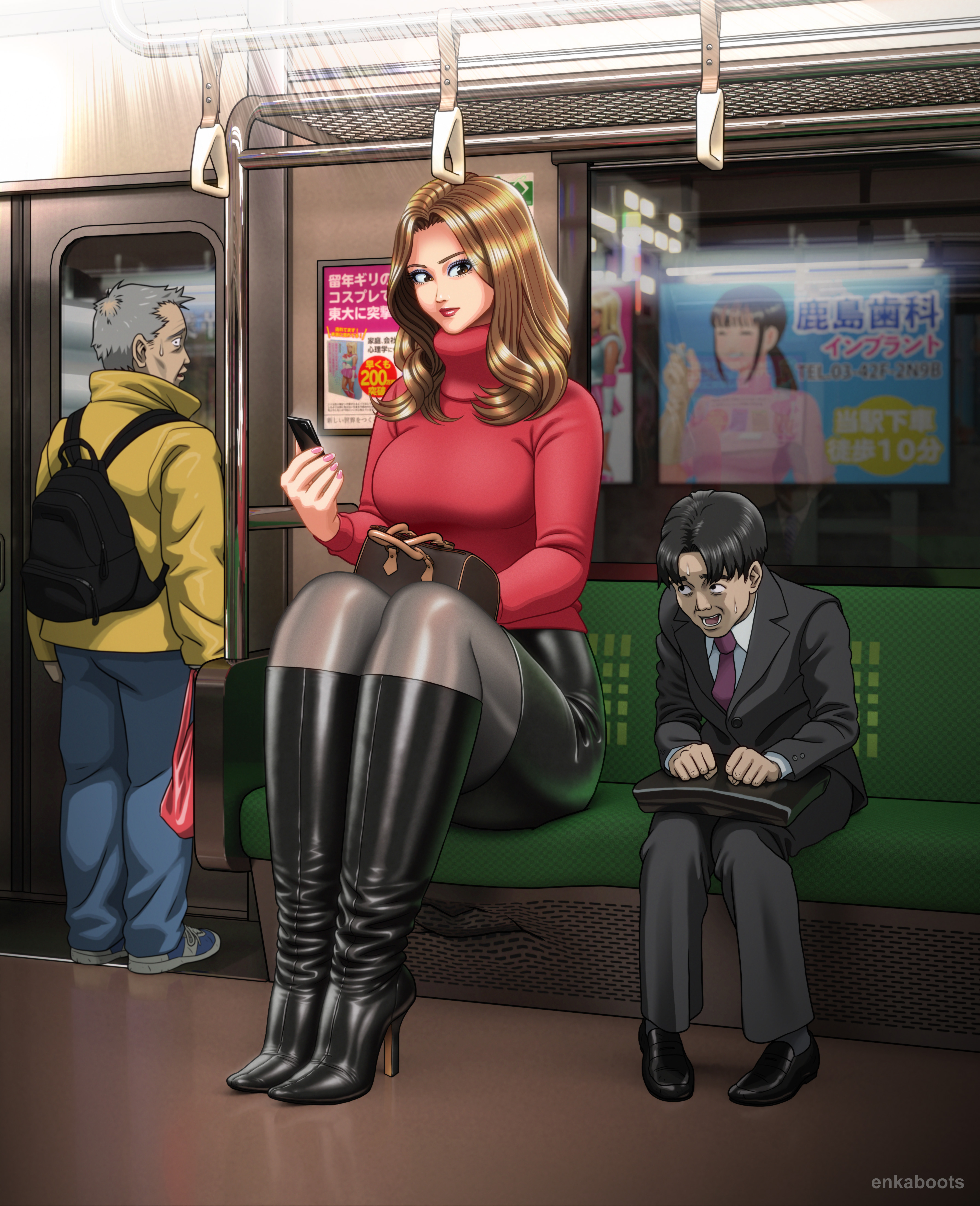 2boys, bag, big breasts, black footwear, black hair, black skirt, boot fetish, boots, breasts, brown hair, business suit, cellphone, enkaboots, female, formal clothes, giantess, grey pantyhose, handbag, height difference, high heel boots, high heels, highres, knee boots, long sleeves, male, medium hair, multiple boys, multiple males, original, pantyhose, phone, red shirt, redrawn, shirt, sitting, size comparison, size difference, skirt, smaller male, smartphone, standing, stockings, suit, sweater, sweater puppies, tagme, tall female, taller female, train, train interior, turtleneck