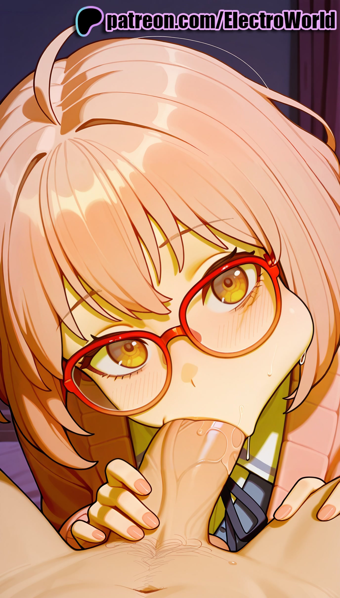 1boy, 1girls, 2025, ahoge, ai generated, artist name, blowjob, blowjob face, cock, dick, electroworld, fellatio, female, glasses, hi res, high quality, high resolution, highres, kuriyama mirai, kyoukai no kanata, licking, looking at viewer, male, oral, oral sex, patreon, patreon username, penis, solo focus, stable diffusion, straight, sucking, uncensored, watermark