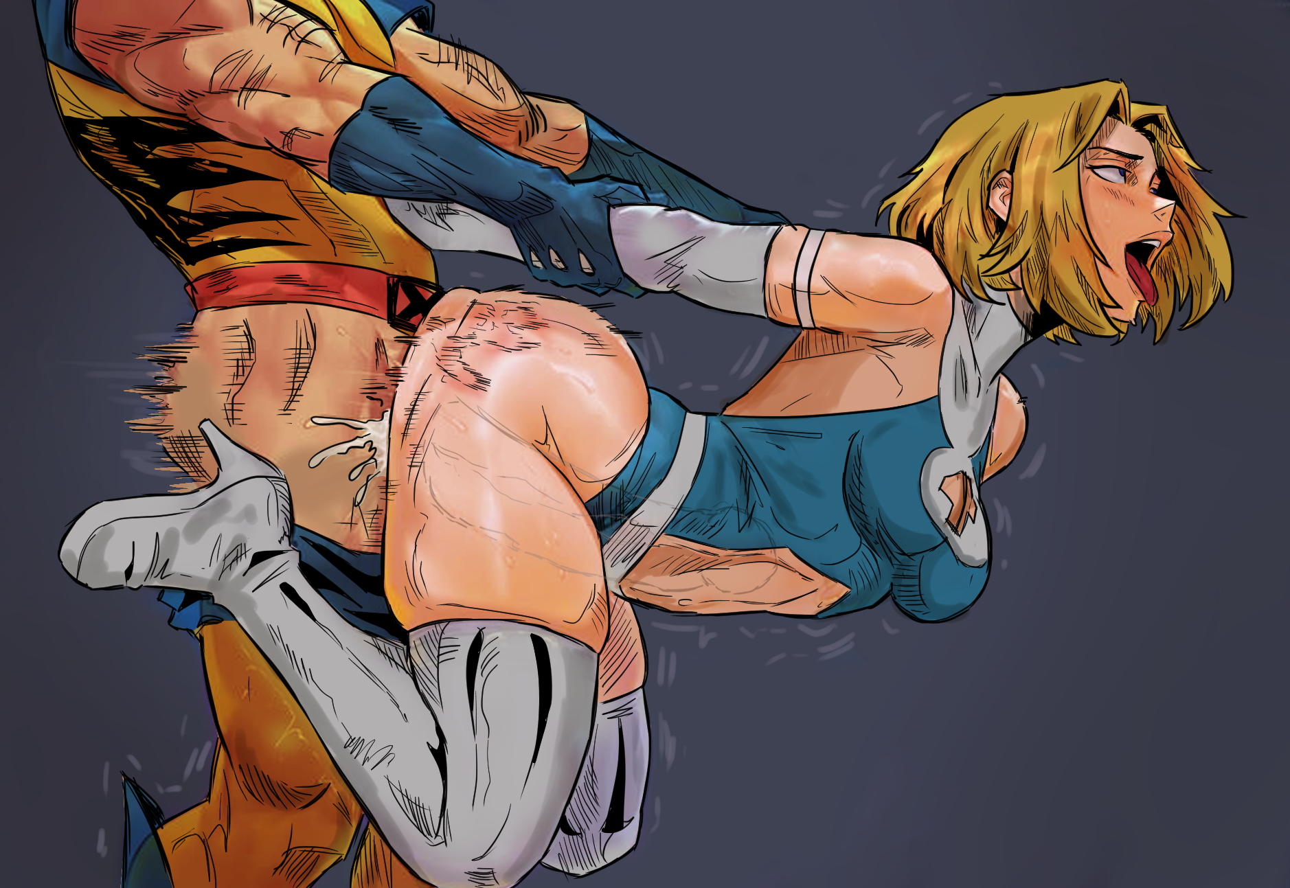 1boy, 1girls, blonde hair, cheating, cheating wife, child bearing hips, curvaceous, curvaceous body, curvaceous female, curvaceous figure, curvaceous hips, curvaceous thighs, doomart, fantastic four, fucked silly, invisible woman, james howlett, leotard, light-skinned female, logan (x-men), marvel, marvel comics, mature female, mature male, medium breasts, muscular, muscular male, mutant, sex, sex from behind, standing sex, sue richards, sue storm, superheroine, vaginal penetration, waifu, wolverine (x-men), x-men