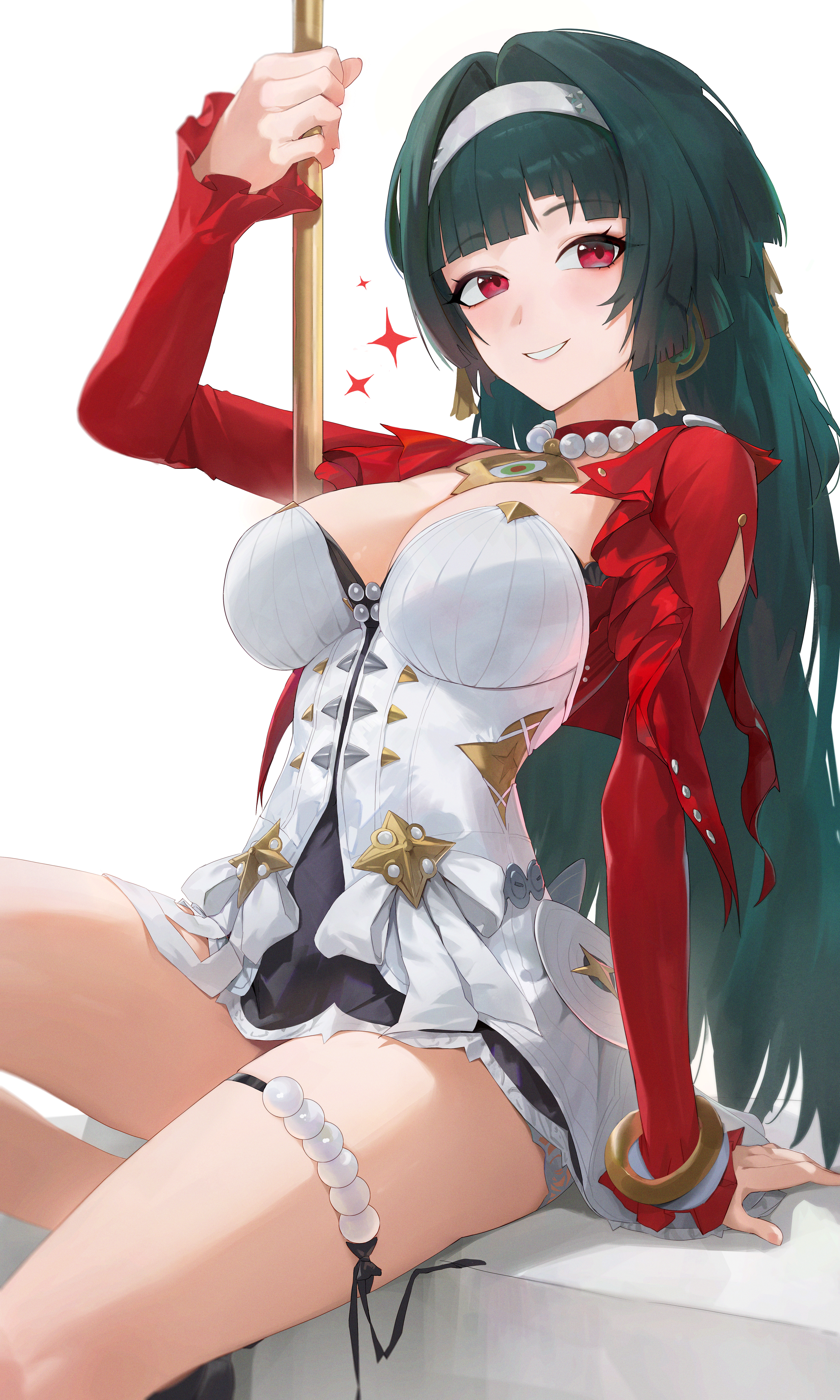 1girl, 1girls, absurdres, astra yao, bare legs, bead necklace, beads, breasts, commentary, cropped jacket, dress, english commentary, female, female only, green hair, hair intakes, hairband, highres, jacket, jewelry, large breasts, legs, light skin, light-skinned female, long hair, looking at viewer, navel, necklace, pole, red eyes, red jacket, short dress, sitting, smile, solo, solo female, sparkle, strapless, strapless dress, very long hair, white dress, white hairband, yonesdraws, zenless zone zero