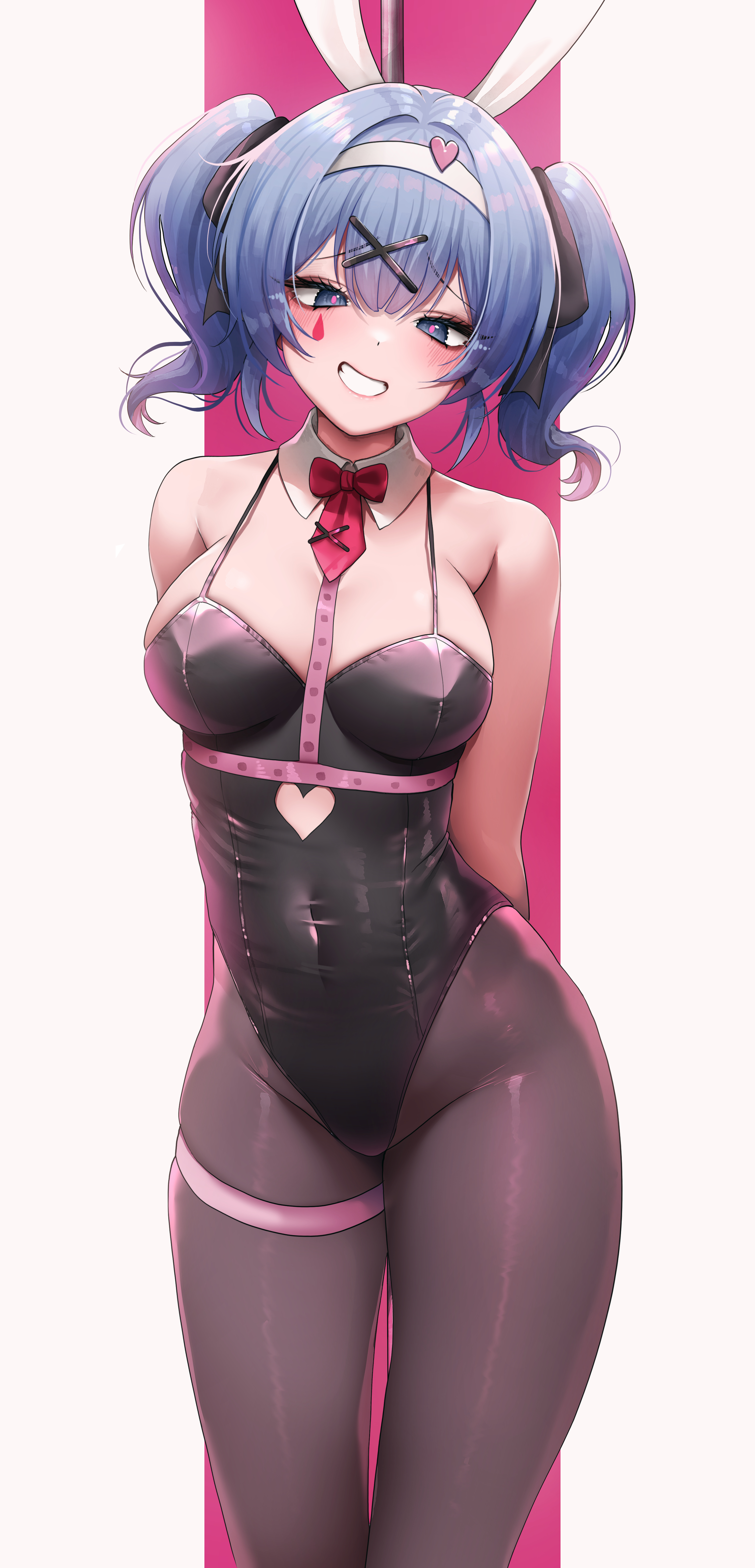 1girl, absurdres, animal ears, armpit crease, arms behind back, bangs, bare shoulders, black leotard, black pantyhose, black ribbon, blue eyes, blue hair, blush, bow, bowtie, breasts, clothing cutout, commentary, covered navel, cowboy shot, cutout above navel, detached collar, doyoon 7, english commentary, facial mark, fake animal ears, female, female only, furrowed brow, grin, hair ornament, hair ribbon, hairband, hairclip, hatsune miku, heart, heart cutout, heart-shaped pupils, highleg, highleg leotard, highres, large breasts, leotard, looking at viewer, medium breasts, medium hair, pantyhose, pink background, pink pupils, playboy bunny, pole, rabbit ears, rabbit hole (vocaloid), red bow, red bowtie, ribbon, smile, solo, standing, stripper pole, symbol-shaped pupils, tail, teardrop facial mark, thigh strap, twintails, two-tone background, virtual youtuber, vocaloid, white background, white hairband, x hair ornament