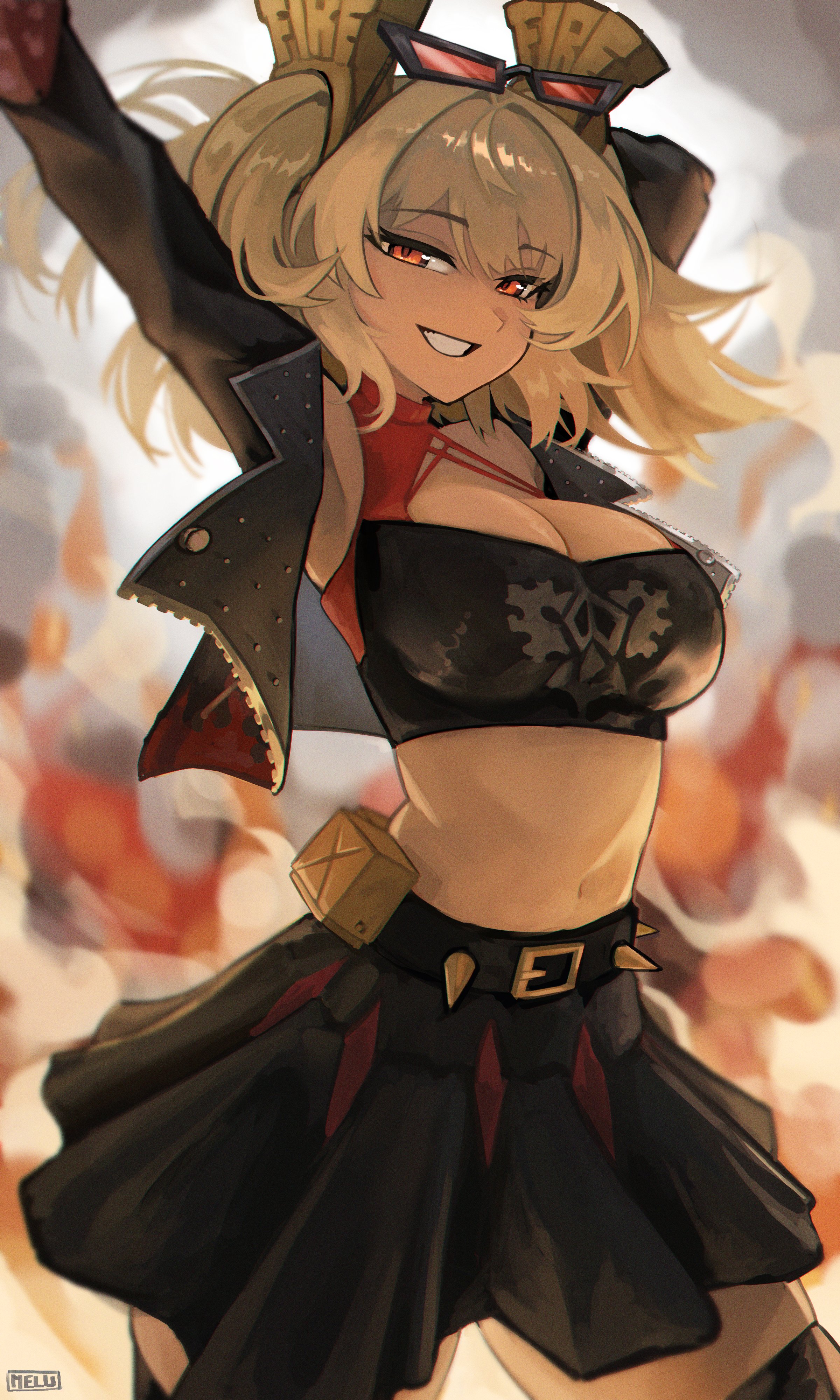 1girls, absurdres, arms up, belt, belt buckle, black belt, black shirt, black skirt, black thighhighs, breasts, brown hair, buckle, burnice white, cleavage, commentary, crop top, english commentary, eyewear on head, female, female only, highres, large breasts, looking at viewer, m3ru, navel, pectorals, red eyes, shirt, skirt, smile, solo, standing, thighhighs, zenless zone zero
