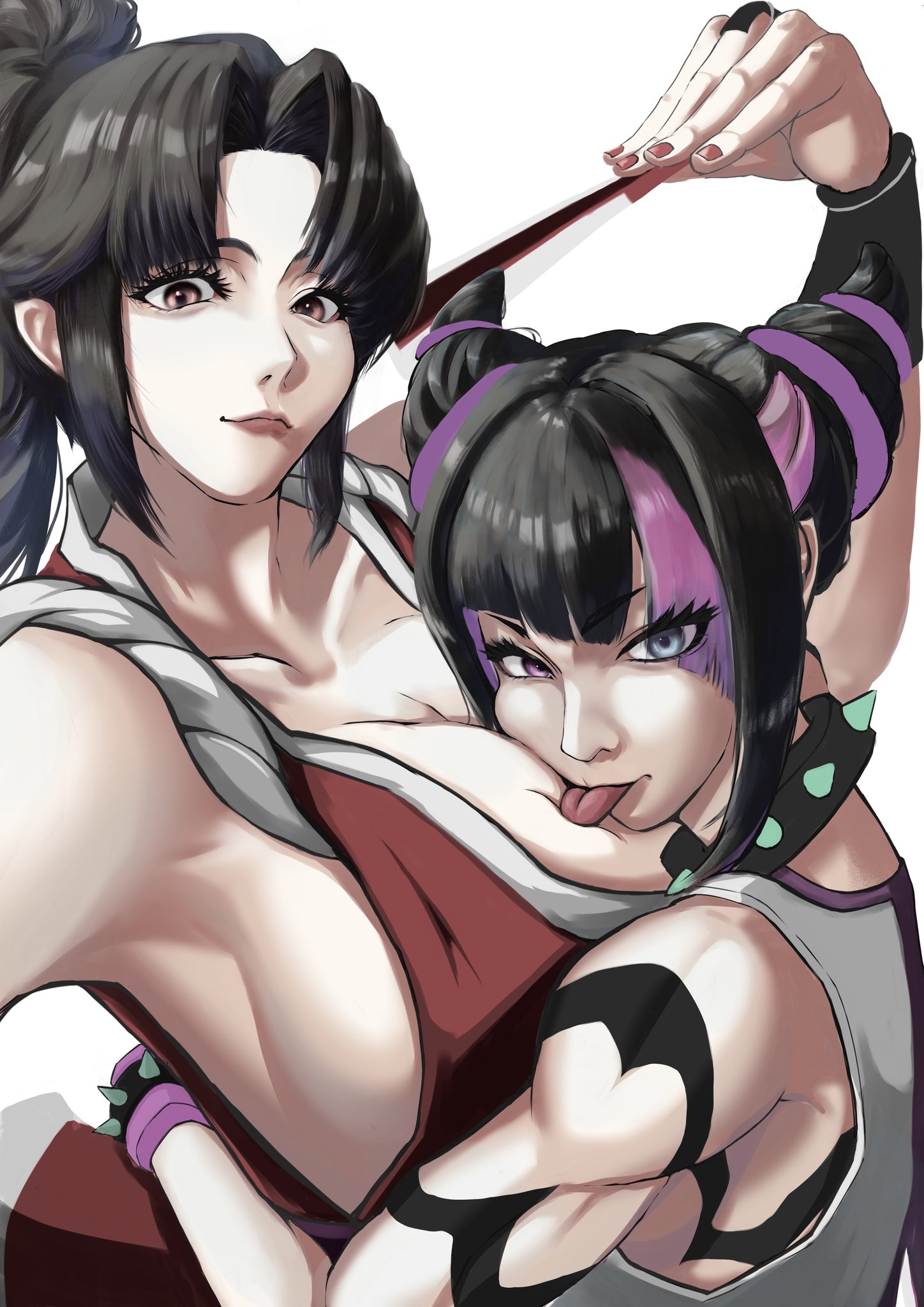 2girls, black hair, breasts, breasts bigger than head, brown eyes, brown hair, capcom, face in breasts, fatal fury, female, fit, fit female, hair buns, heterochromia, huge breasts, juri han, king of fighters, licking breast, light skin, light-skinned female, mai shiranui, pink streak, ponytail, pose, provocative, provocative pose, sdbh satopu, selfie, snk, spiked collar, street fighter