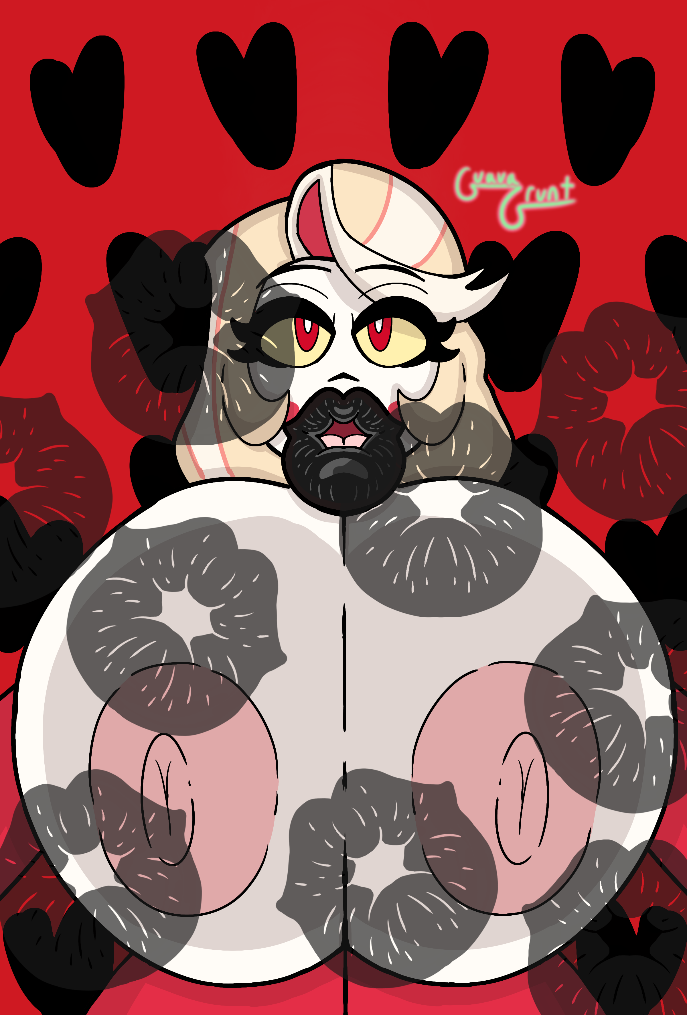 1girls, 2d, big breasts, big lips, bimbo, black kiss mark, black lips, black lipstick, black lipstick mark, blonde hair, breasts, breasts pressed against another, buchukisu, charlie morningstar (hazbin hotel), demon, demon girl, excessive breast, excessive lips, exposed breasts, female, female focus, female only, guavagrunt, hazbin hotel, huge breasts, huge lips, kiss mark, kissing, lips, lipstick, lipstick mark, partially clothed, partially clothed female, pink nipples, pov, pov kiss, red eyes, simple background, white body, white skin, yellow sclera