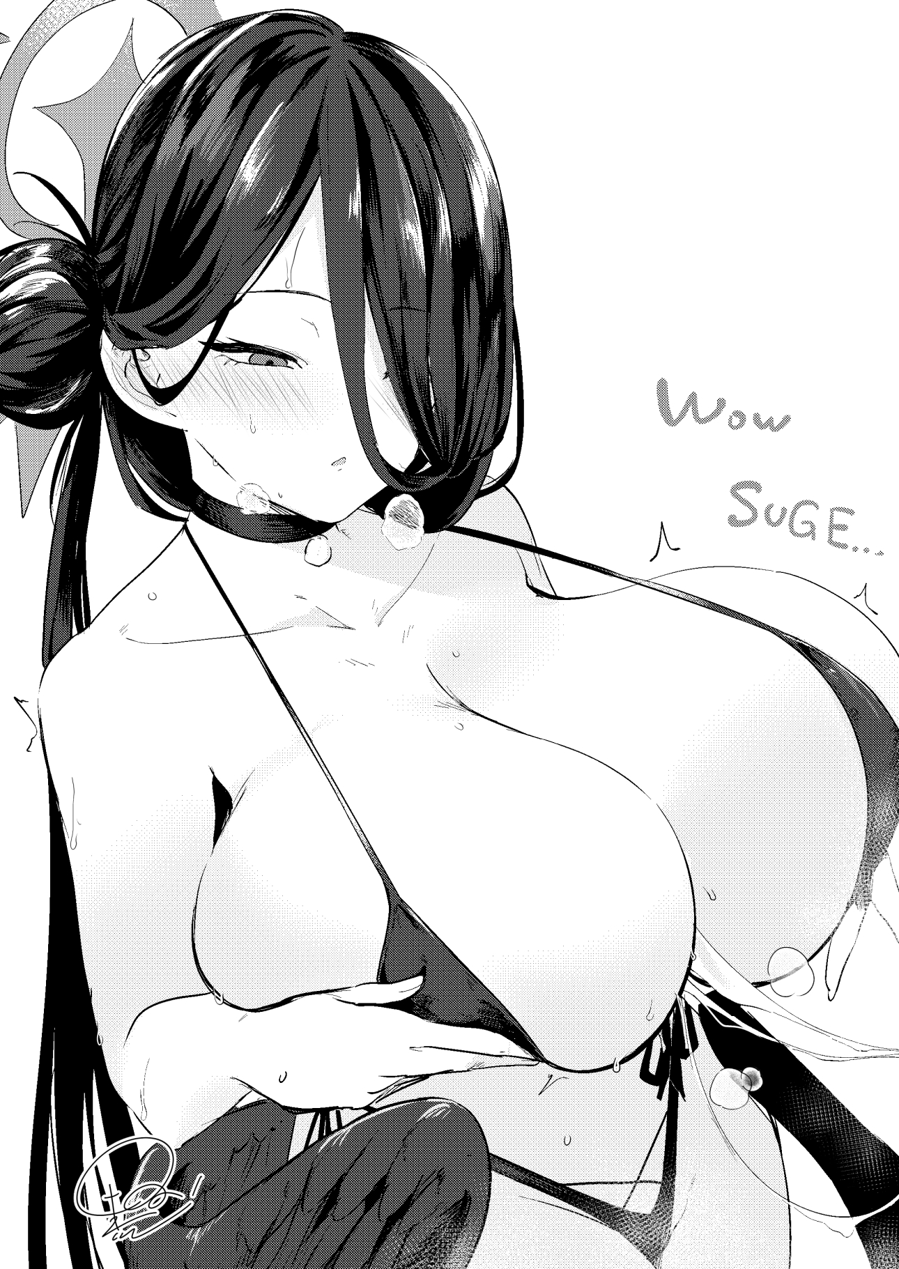 aroused, bikini, blue archive, blush, breasts, female, gigantic breasts, greyscale, hasumi (blue archive), heavy breathing, highleg, highleg bikini, in heat, justice task force (blue archive), looking down, monochrome, otogi krkw, signature, surprised, trinity general school student