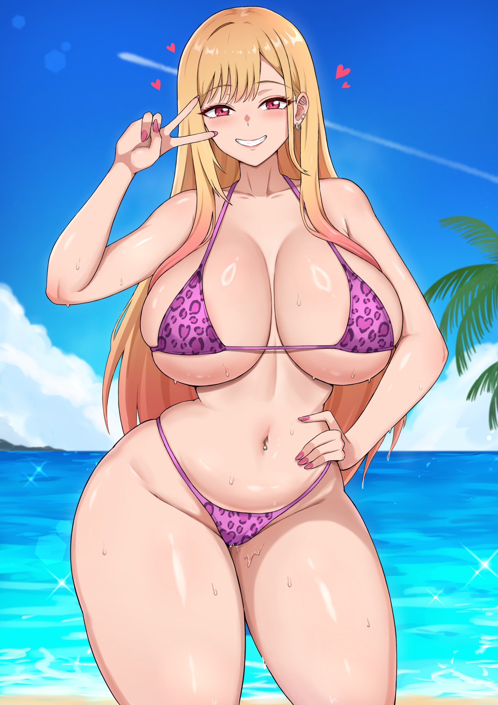 1girls, beach, belly piercing, big breasts, bikini, bikini bottom, bikini top, blonde hair, blush, bottomwear, breasts, cleavage, ear piercing, earrings, female, female only, gyaru, hair, hand on hip, heart, hips, huge breasts, kitagawa marin, leopard print, leopard print bikini, long hair, nail polish, nails, peace sign, pierced belly button, piercing, piercings, pink bikini, pink nail polish, pink nails, red eyes, sleeptopi, smile, solo, solo female, sono bisque doll wa koi wo suru, sparkles, swimwear, thick thighs, thighs, topwear, wet, wet body, wide hips