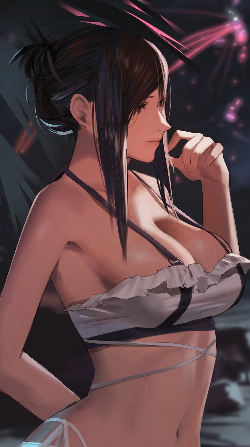 1girls, alternate costume, alternate hairstyle, arm behind back, bikini, black hair, blurry, blurry background, breasts, cleavage, commentary, english commentary, female, female focus, female only, final fantasy, final fantasy vii, final fantasy vii rebirth, final fantasy vii remake, flower, frilled bikini, frills, from side, hair flower, hair ornament, hand up, highres, large breasts, looking ahead, navel, night, night sky, official alternate costume, official alternate hairstyle, outdoors, palm leaf, sidelocks, sky, smile, solo, swimsuit, tifa lockhart, tifa lockhart (shining spirit), white bikini