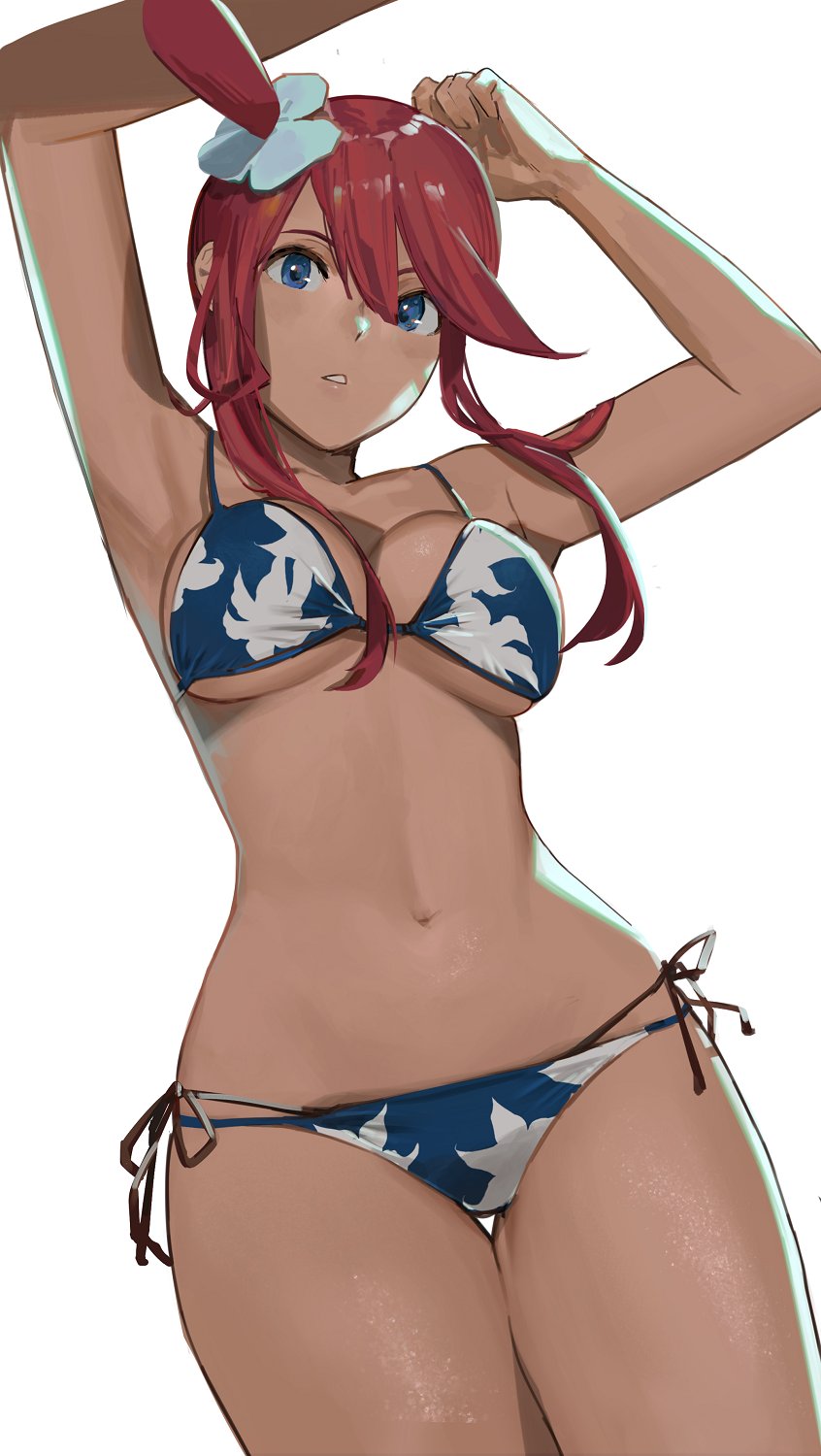 1girls, armpits, arms up, bikini, blue bikini, blue eyes, breasts, dark skin, dark-skinned female, female, female only, hair ornament, highres, large breasts, looking at viewer, navel, nintendo, one side up, pokemon, pokemon bw, print bikini, red hair, side-tie bikini bottom, simple background, skyla (pokemon), solo, stomach, swimsuit, thigh gap, white background