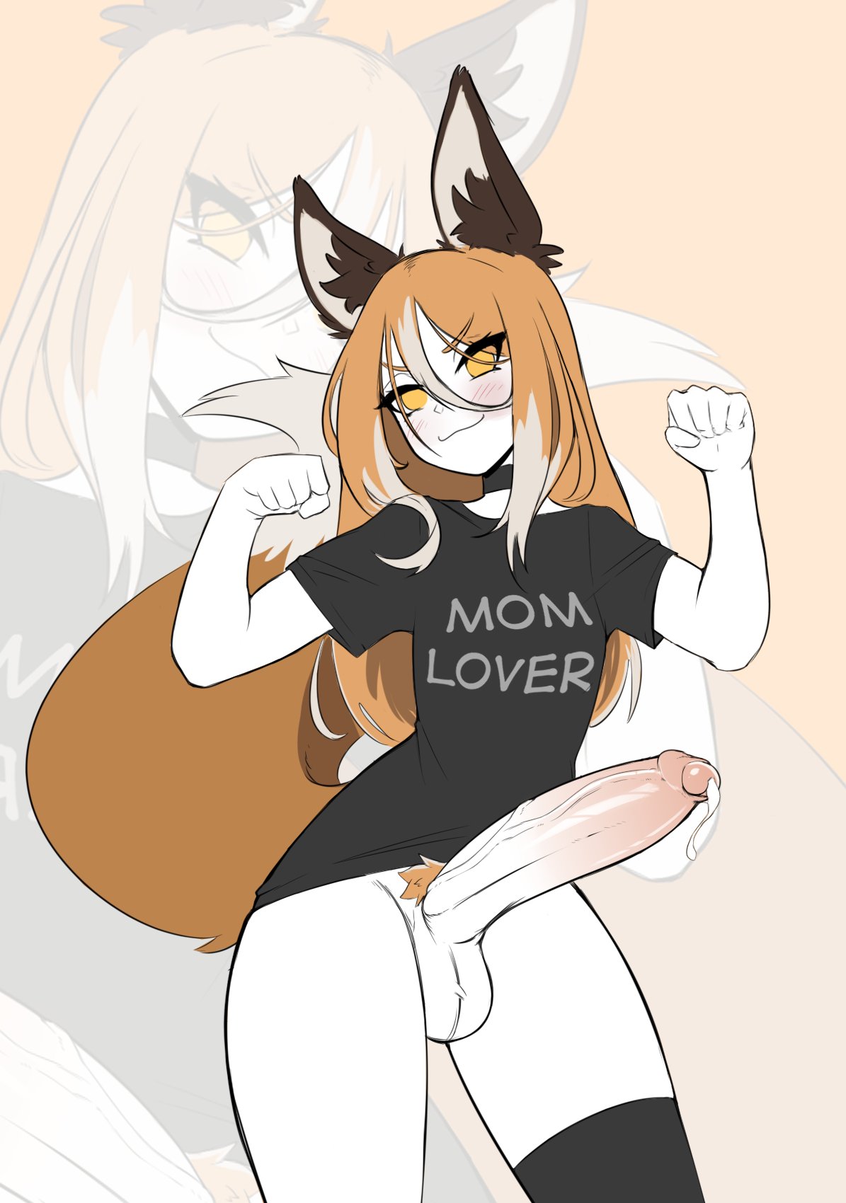 animal ears, ater18, balls, big penis, erection, femboy, fox, fox boy, fox ears, furry, huge cock, hung femboy, kemonomimi, large penis, male, mostly nude, penis, small but hung, solo, standing, white skin, yellow eyes, young