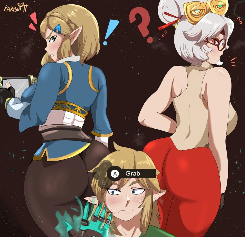1boy, 1boy2girl, 1boy2girls, 2d, 2d (artwork), 2d artwork, 2girl, 2girls, 2girls1boy, ass, ass focus, booty, butt focus, butts, female, karbuitt, link, link (tears of the kingdom), male, nintendo, princess zelda, purah, purah (tears of the kingdom), tears of the kingdom, the legend of zelda, video game, video game character, video game franchise, video games, zelda (tears of the kingdom)