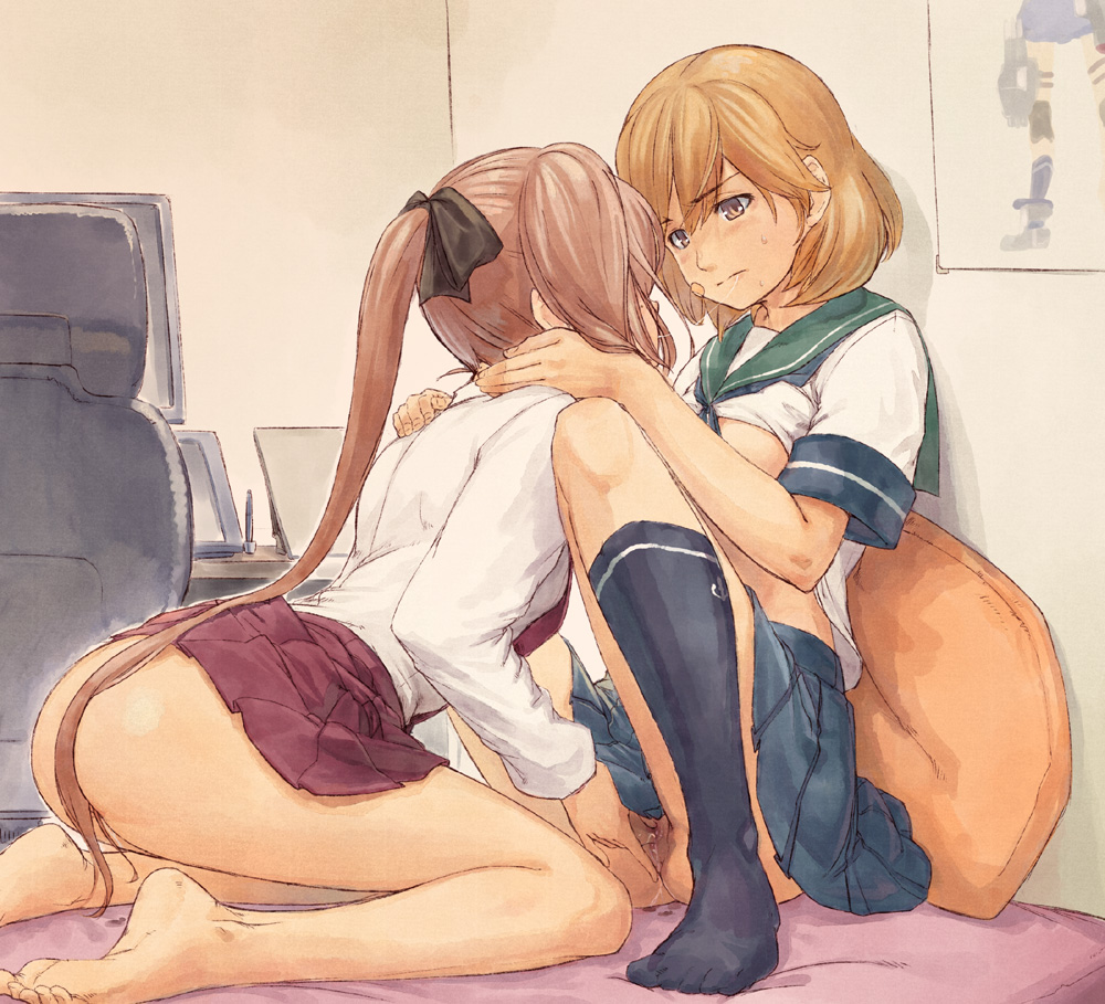 2girls after_kiss akigumo_(kantai_collection) anchor_symbol ass bandaid bandaid_on_face bare_legs barefoot bed_sheet black_bow black_legwear blue_skirt blush bow breasts brown_eyes brown_hair chair commentary_request computer feet fingering hairbow hand_on_another's_head hand_on_another's_shoulder indoors kantai_collection kneehighs knees_up leaning_forward long_hair long_sleeves looking_at_another multiple_girls no_bra no_panties no_shoes oboro_(kantai_collection) on_bed pen pillow pink_hair pleated_skirt ponytail poster_(object) purple_skirt pussy saliva saliva_trail school_uniform serafuku shirt shirt_lift short_hair sitting skirt skirt_lift small_breasts socks soles spread_legs sweat table tablet toe_scrunch toes underboob upskirt very_long_hair wa_(kuroirokedama) white_shirt yuri