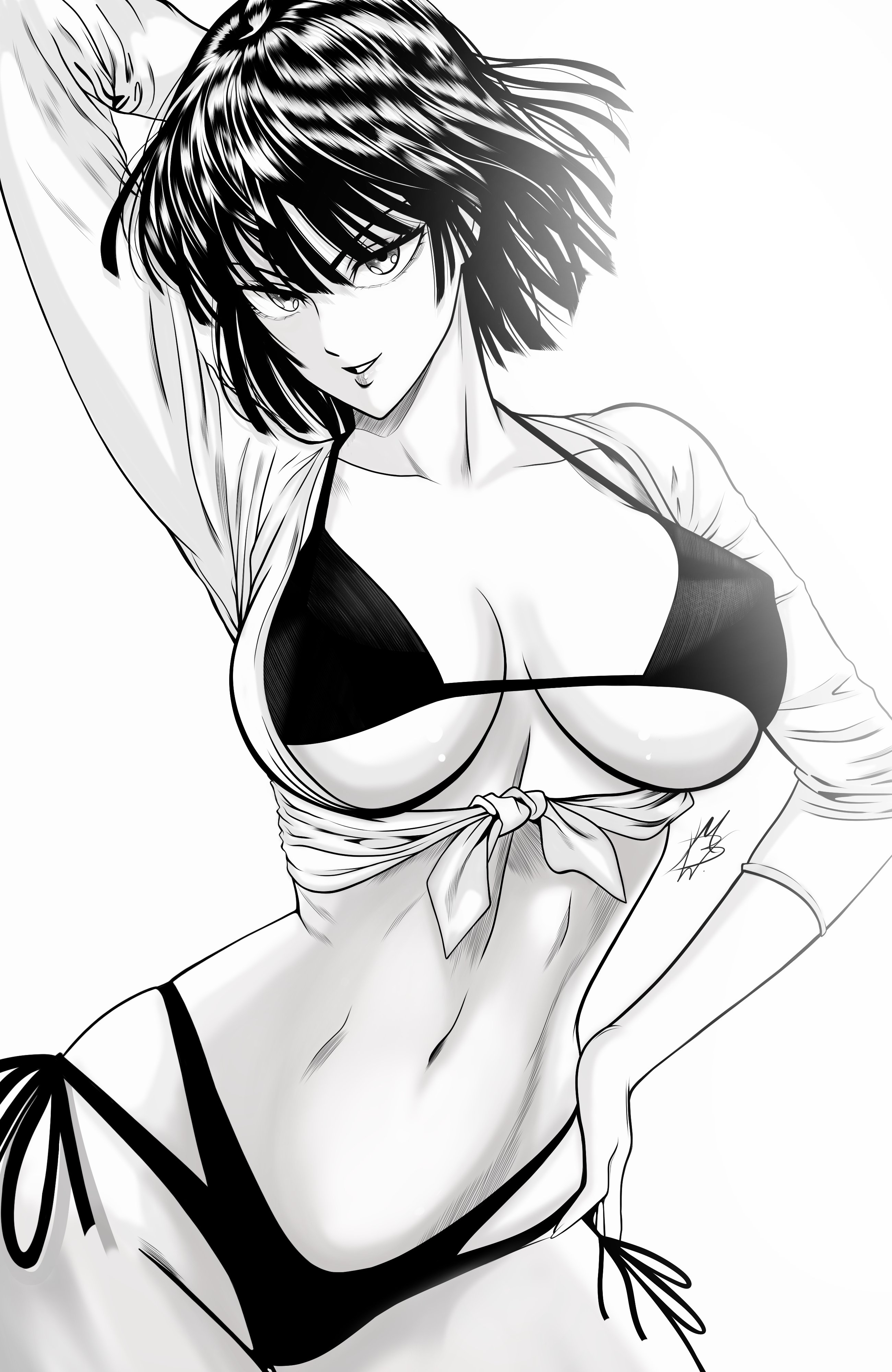 1girls, artist signature, big breasts, bikini, black and white, breasts, busty, curvy, female, fubuki (one-punch man), hand on hip, mostlybluewyatt, one-punch man, open shirt, posing, swimsuit, tied shirt