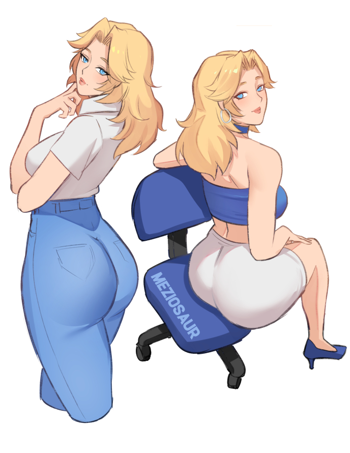 2d, 2d (artwork), 2d artwork, ass, blonde female, blonde hair, blonde pubic hair, blonde-haired female, booty, different angle, fantastic four, female, invisible woman, invisible woman (marvel rivals), looking at another, looking at viewer, looking back, marvel, marvel comics, marvel rivals, meziosaur, pencil skirt, simple background, sitting, skirt, sue richards, sue storm, video game, video game character, white background