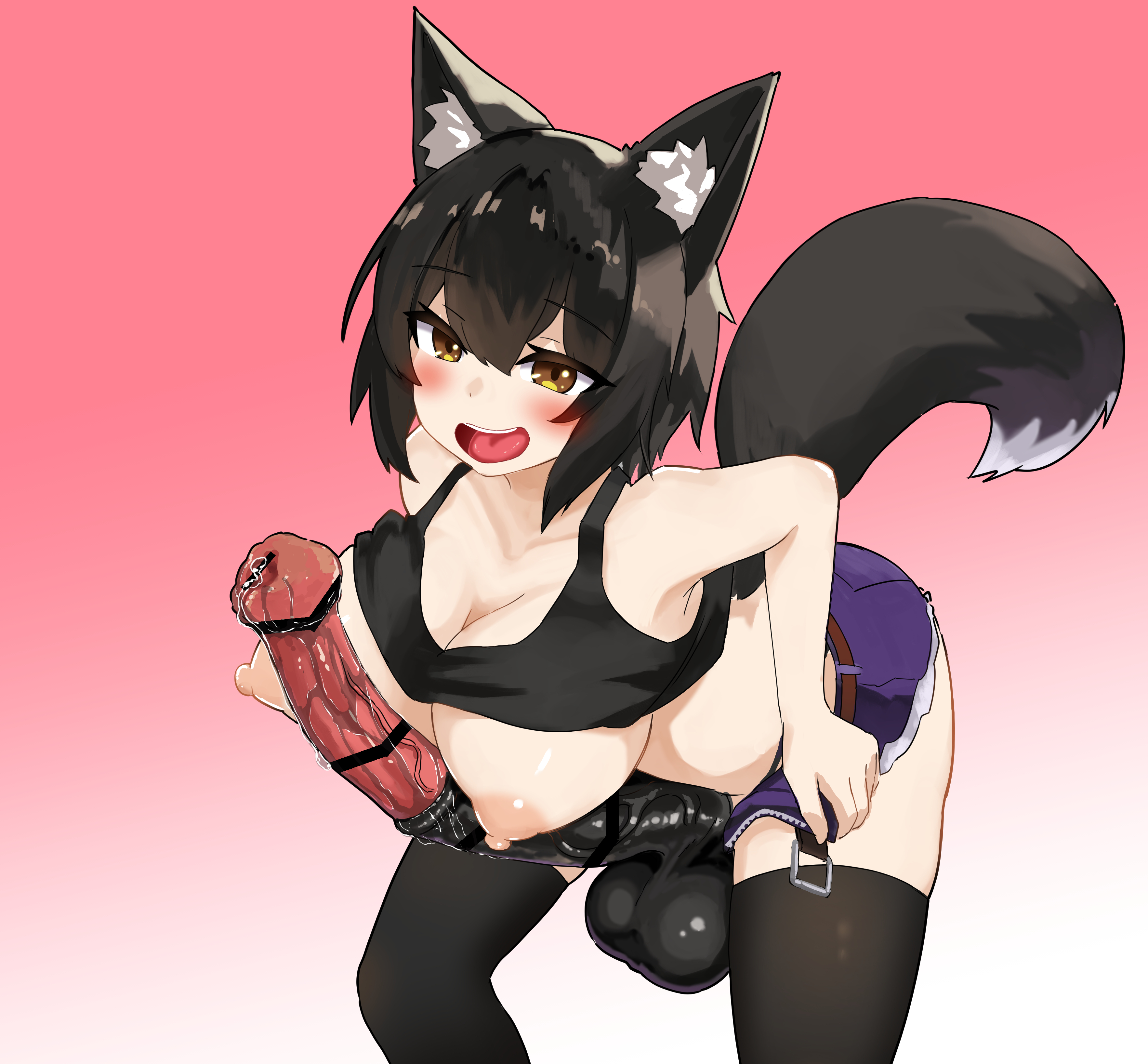 1futa, animal ears, animal genitalia on humanoid, balls, cat girl, catgirl, censored, erection, female, futa only, futanari, horsecock, horsecock futa, horsecock on humanoid, huge cock, intersex, oc, penis, tail, yokosuji coyote