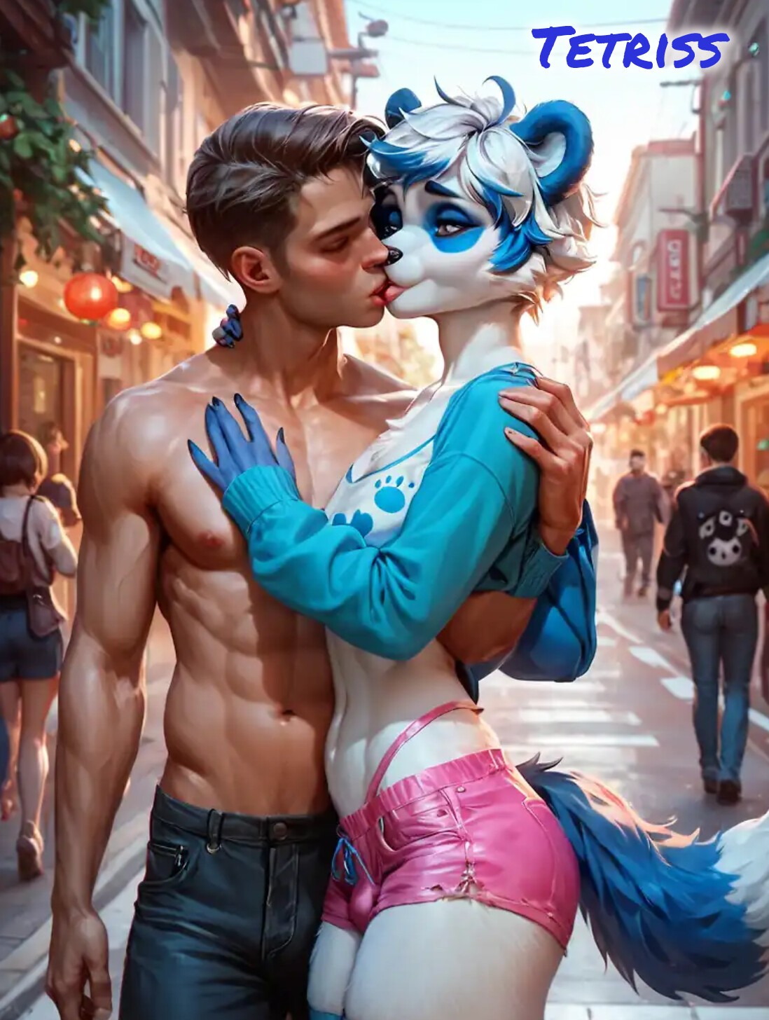 ai_generated animal_ears animal_humanoid athletic_human athletic_male blue_clothing blue_eyes blue_fur blue_hair bulge bulge_under_clothes closed_eyes clothed_anthro cuddling french_kiss french_kissing girly_boy girly_clothing hand_on_back hand_on_head hand_on_hip human human_male humanoid humanoid_hands light-skinned_male looking_at_partner multicolored_hair nude_body nude_male panda panda_ears pants pink_panties public tail tetriss tongue_kiss torso valo_(tetriss)